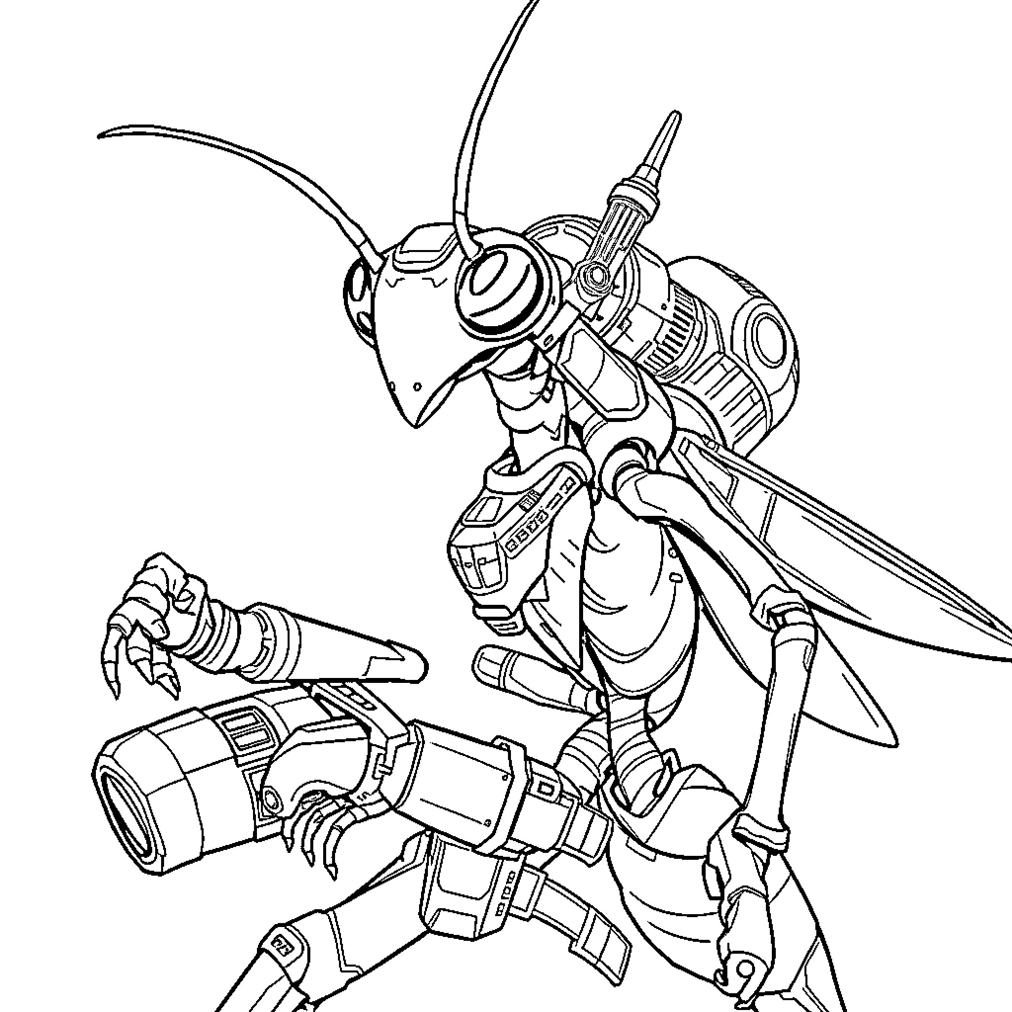 Praying Mantis Mechanical Warriors in Battle Stance Coloring Page (free black-and-white line drawing printable PDF for all, from beginners to advanced learners, including children, teens, adults, and seniors)