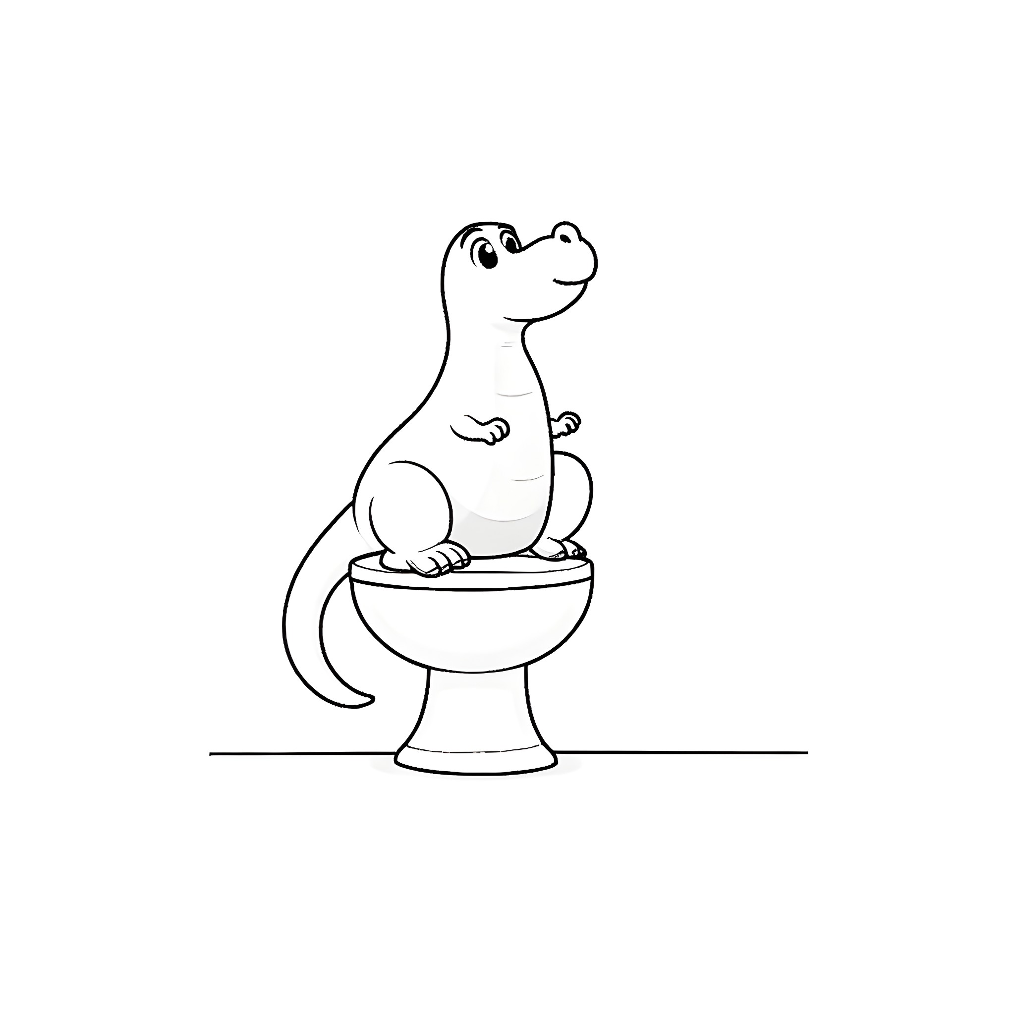 Dinosaur sitting on a toilet Coloring Page (free black-and-white line drawing printable PDF for all, from beginners to advanced learners, including children, teens, adults, and seniors)