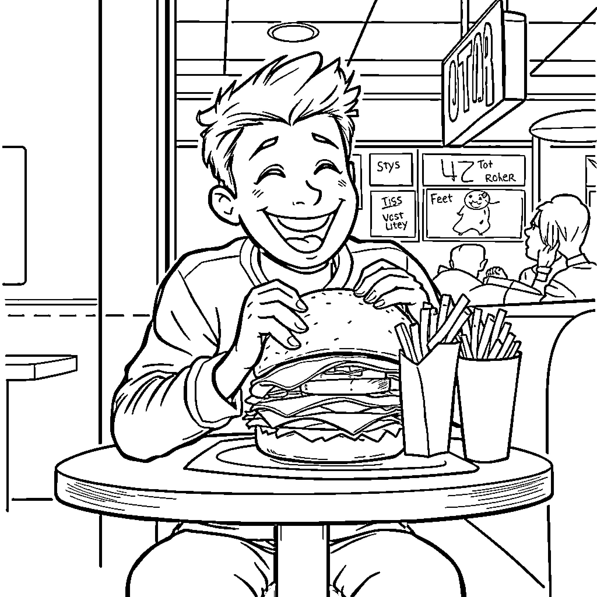 Burger Buddy Enjoys Tasty Treat at Diner Coloring Page (free black-and-white line drawing printable PDF for all, from beginners to advanced learners, including children, teens, adults, and seniors)