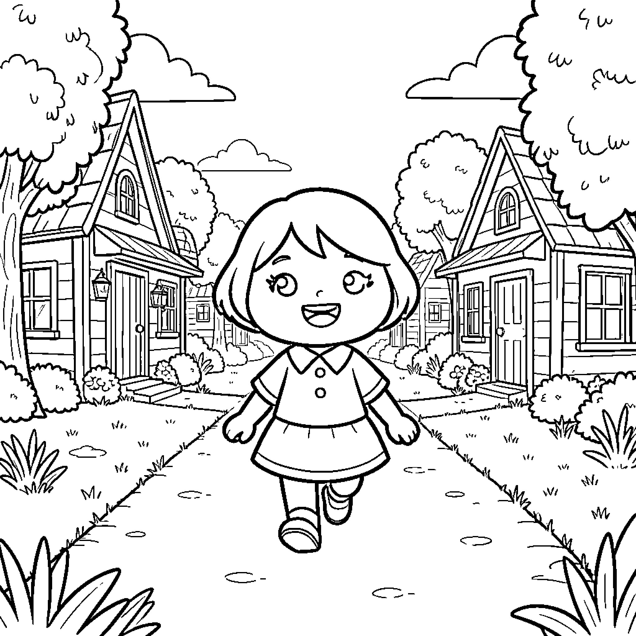 Animal Crossing character walking happily through a village Coloring Page (free black-and-white line drawing printable PDF for all, from beginners to advanced learners, including children, teens, adults, and seniors)