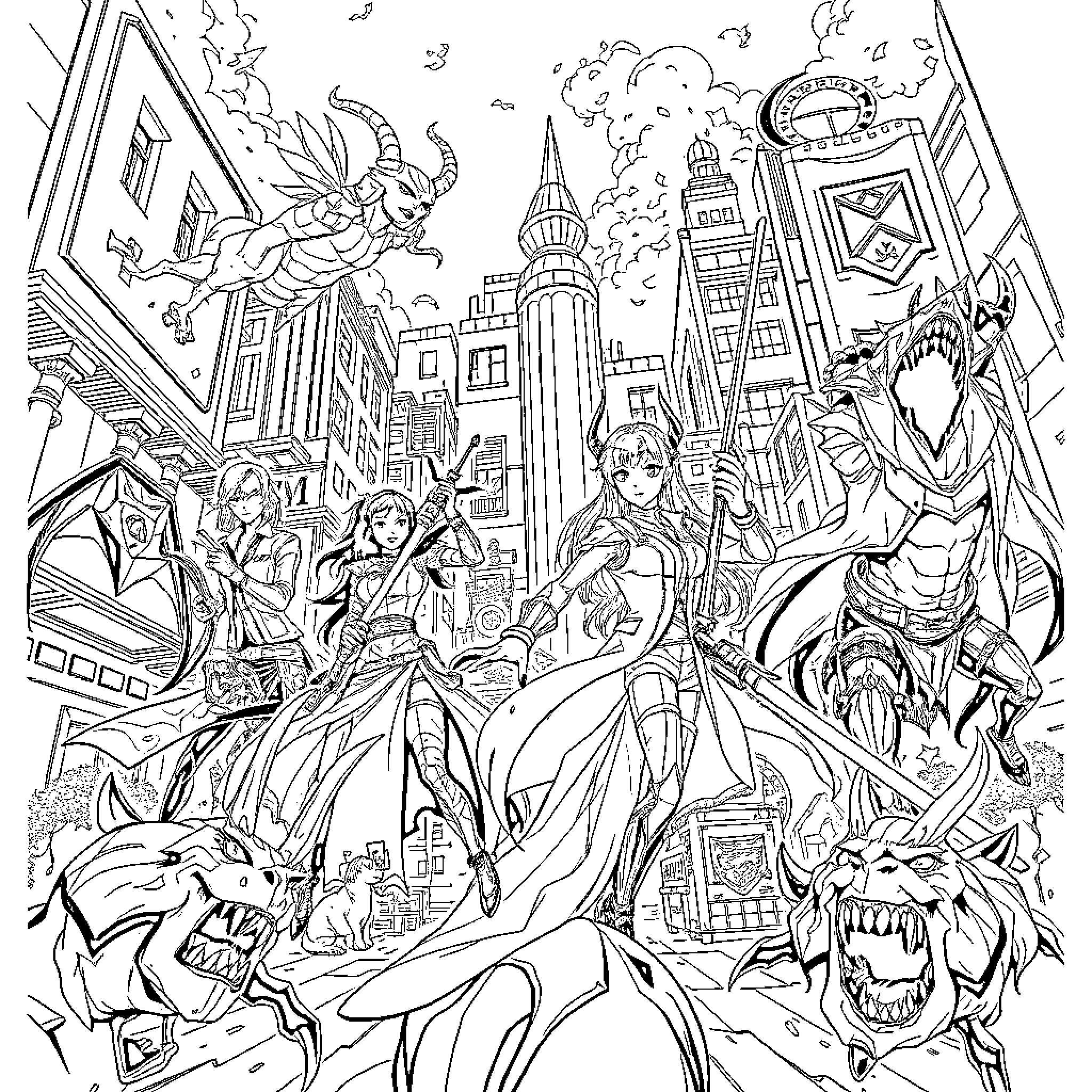 Demon Hunter's Battle in the Fantastical City Coloring Page (free black-and-white line drawing printable PDF for all, from beginners to advanced learners, including children, teens, adults, and seniors)