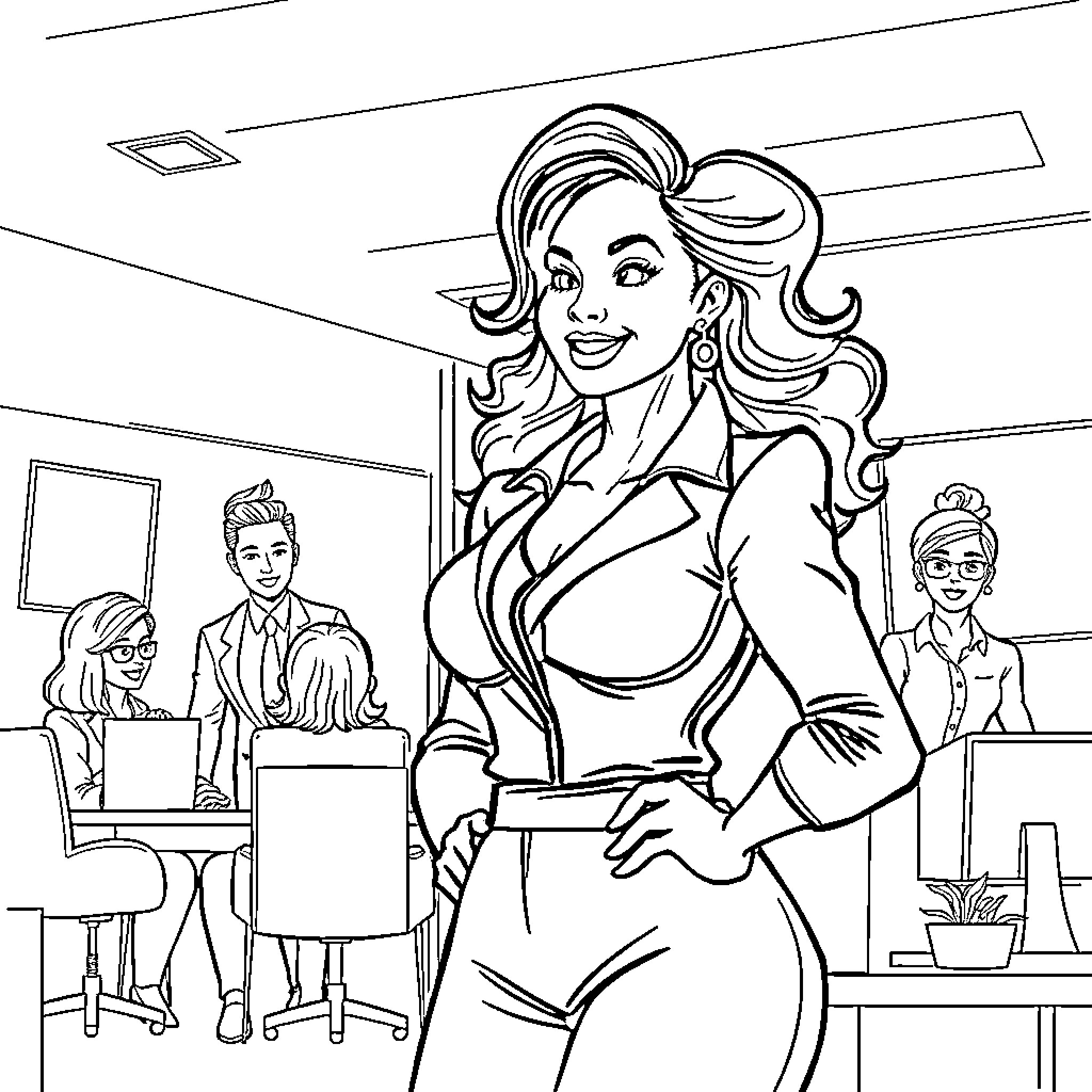 Woman smiling confidently in a professional office setting Coloring Page (free black-and-white line drawing printable PDF for all, from beginners to advanced learners, including children, teens, adults, and seniors)