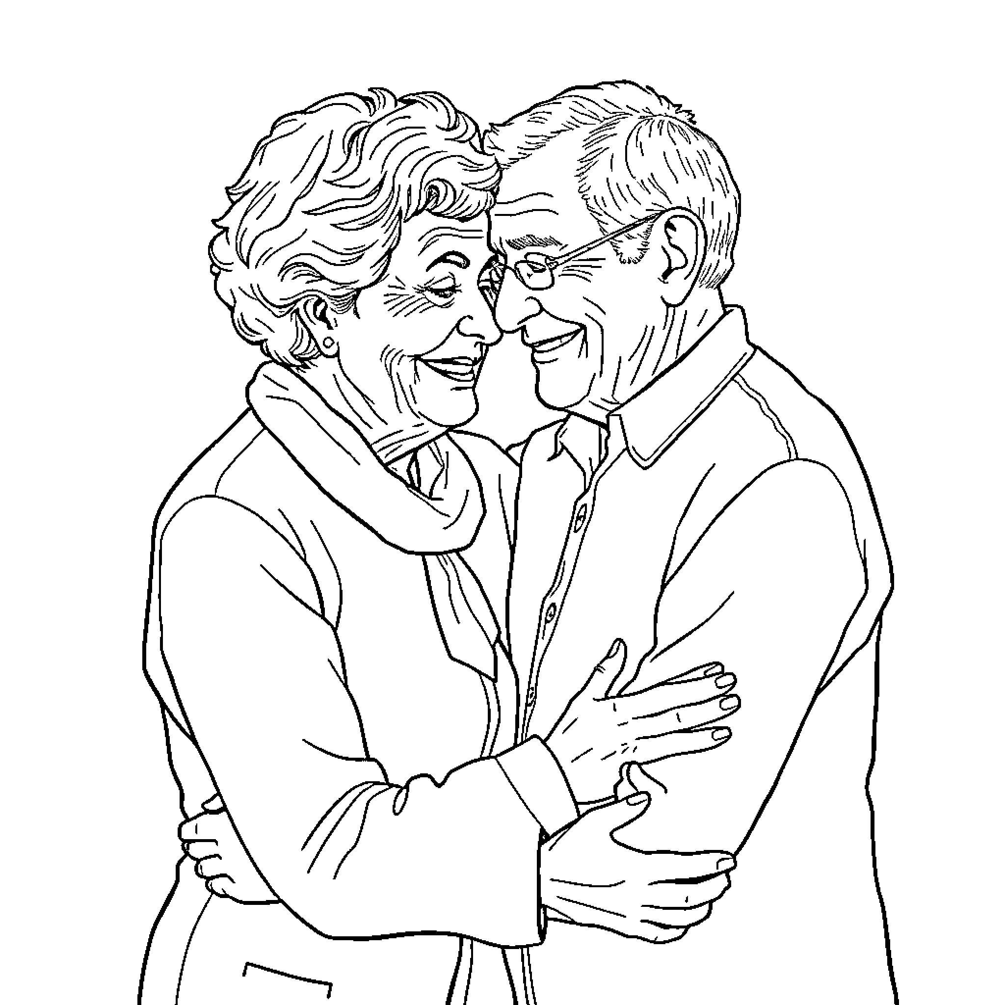Senior Citizen Couple Embracing Affectionately Coloring Page (free black-and-white line drawing printable PDF for all, from beginners to advanced learners, including children, teens, adults, and seniors)