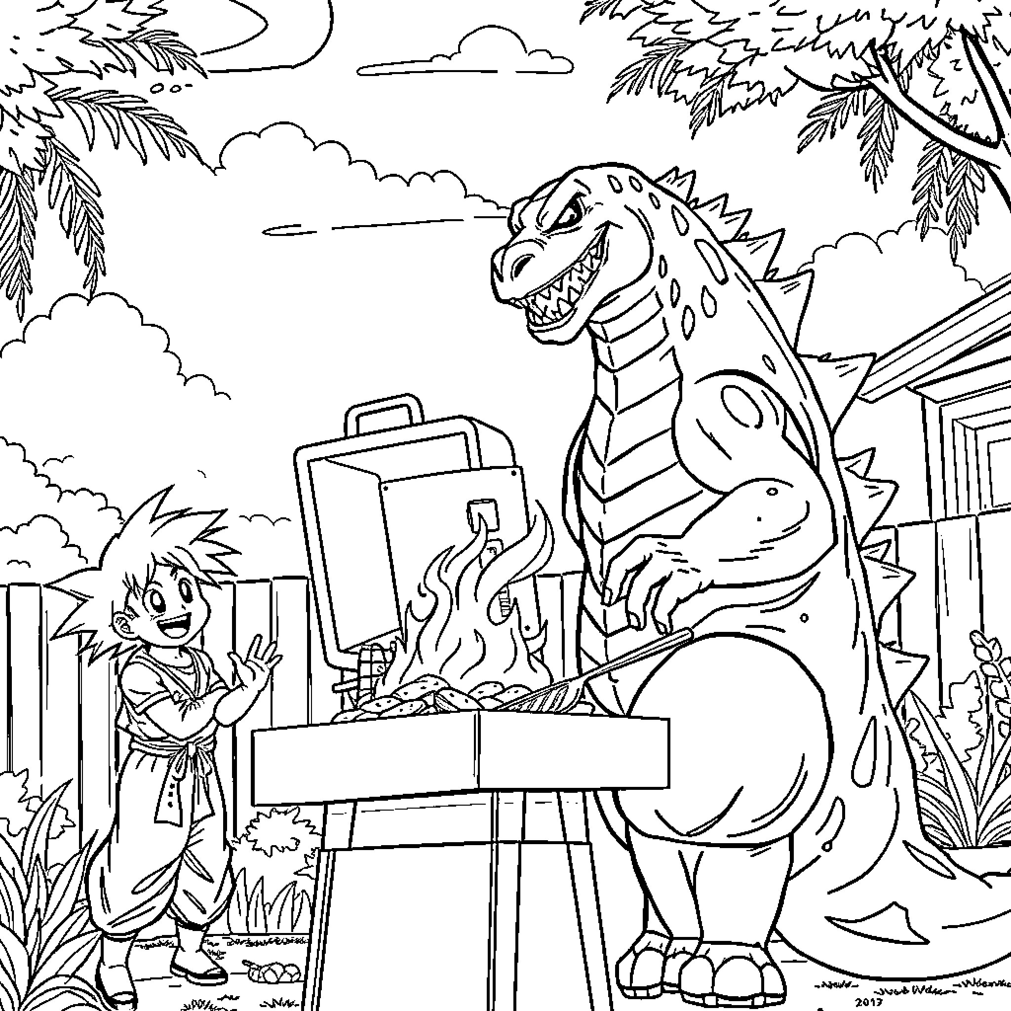 Godzilla helps young artist paint in the jungle Coloring Page (free black-and-white line drawing printable PDF for all, from beginners to advanced learners, including children, teens, adults, and seniors)