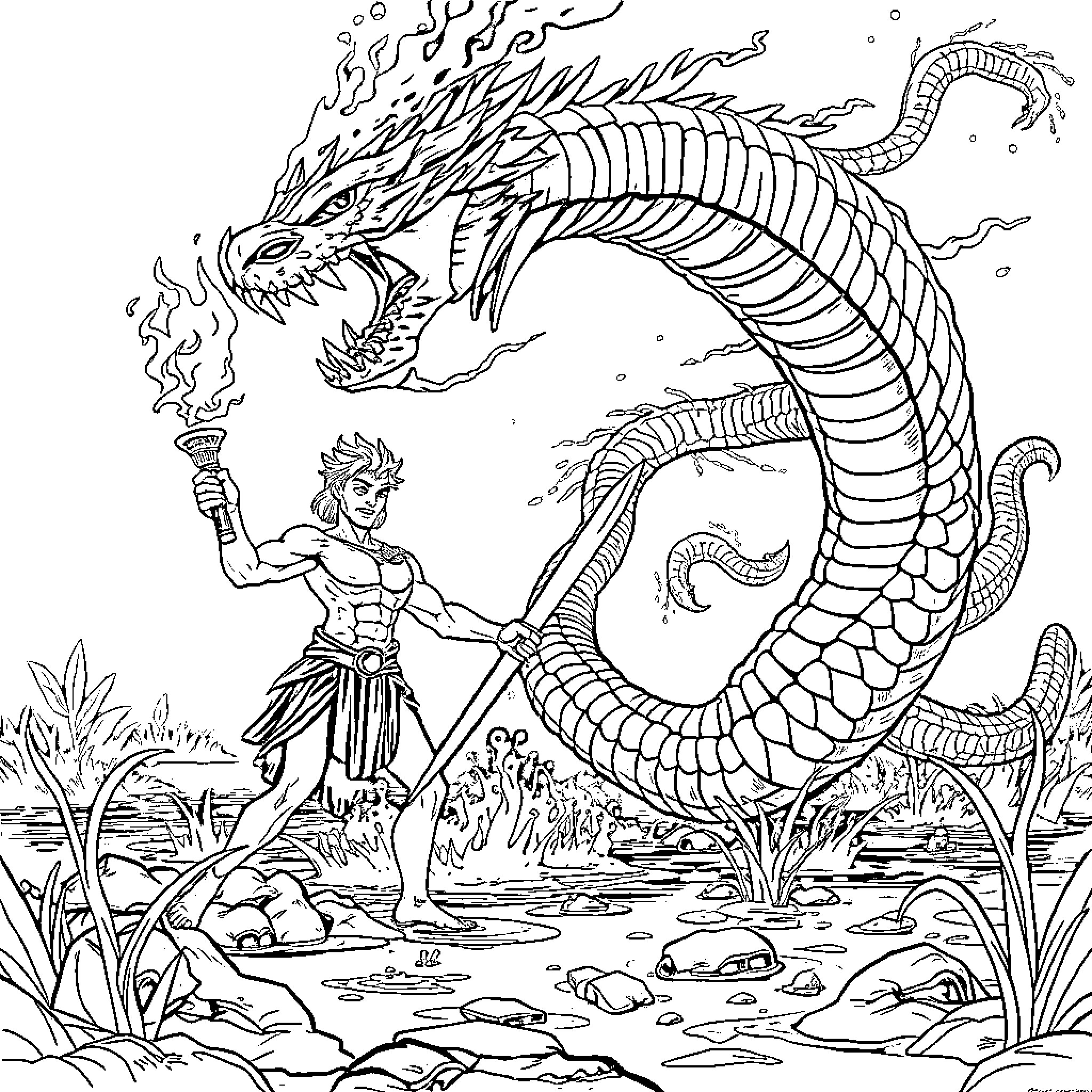 Hercules battling a mighty serpentine dragon Coloring Page (free black-and-white line drawing printable PDF for all, from beginners to advanced learners, including children, teens, adults, and seniors)