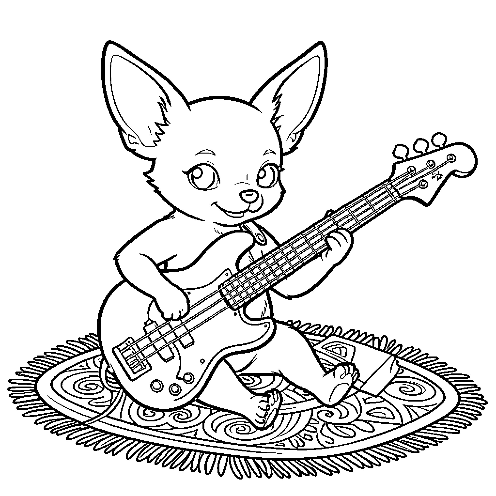 Chihuahua playing electric guitar on abstract rug Coloring Page (free black-and-white line drawing printable PDF for all, from beginners to advanced learners, including children, teens, adults, and seniors)