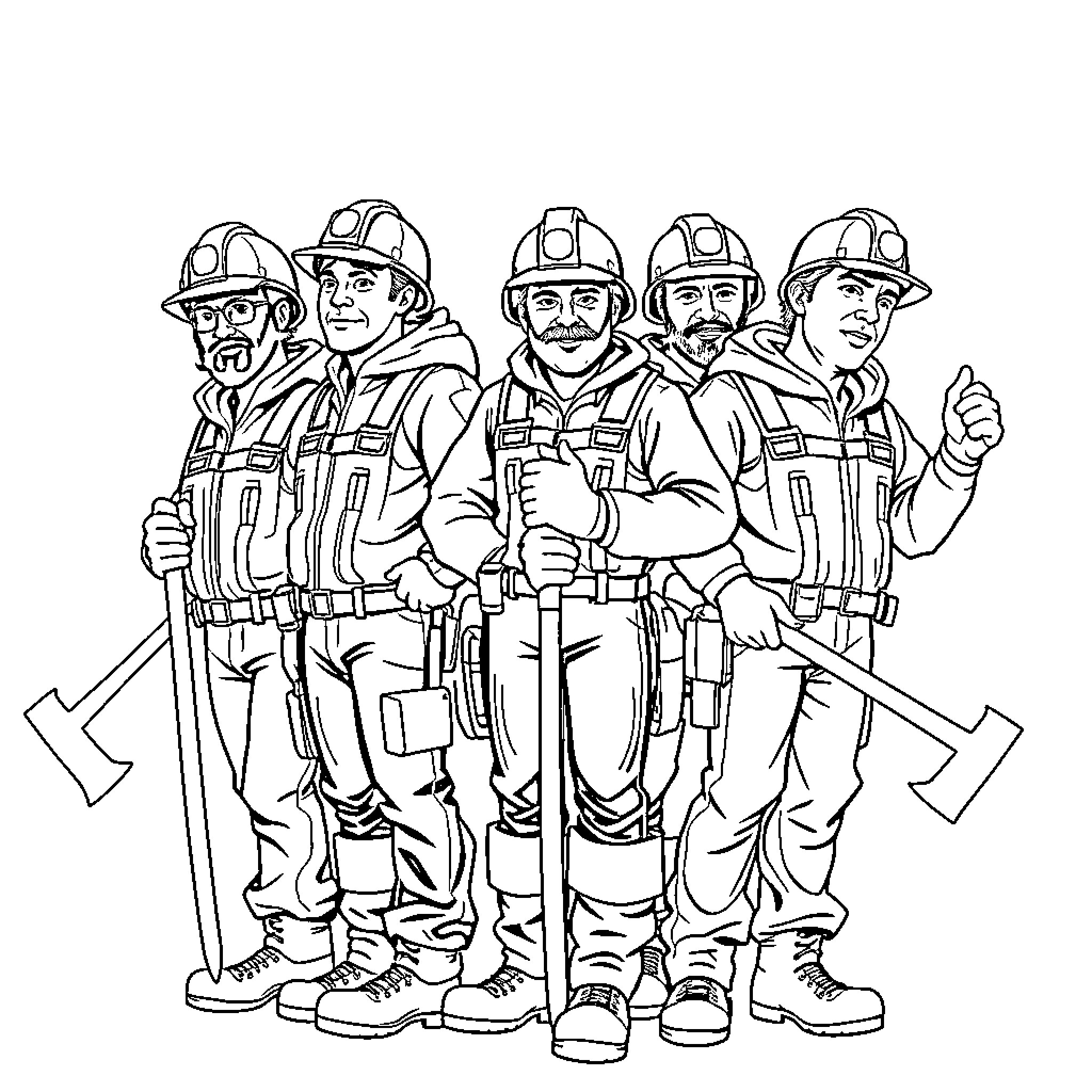 A-Team of Hardworking Construction Workers Coloring Page (free black-and-white line drawing printable PDF for all, from beginners to advanced learners, including children, teens, adults, and seniors)