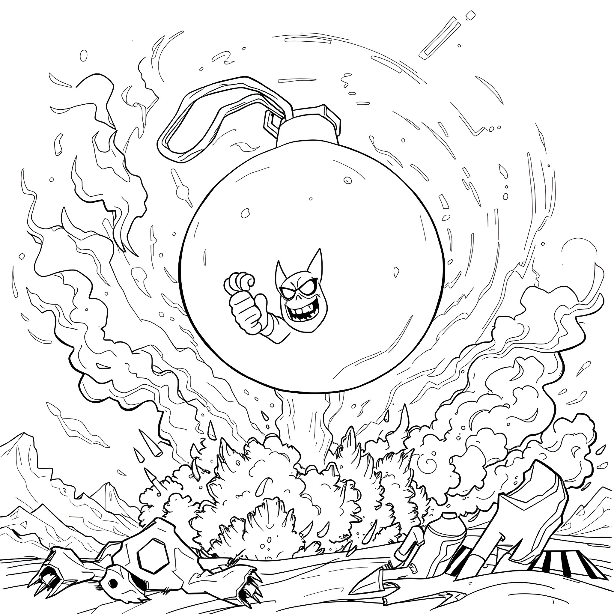 Toft's explosive encounter in a surreal landscape Coloring Page (free black-and-white line drawing printable PDF for all, from beginners to advanced learners, including children, teens, adults, and seniors)