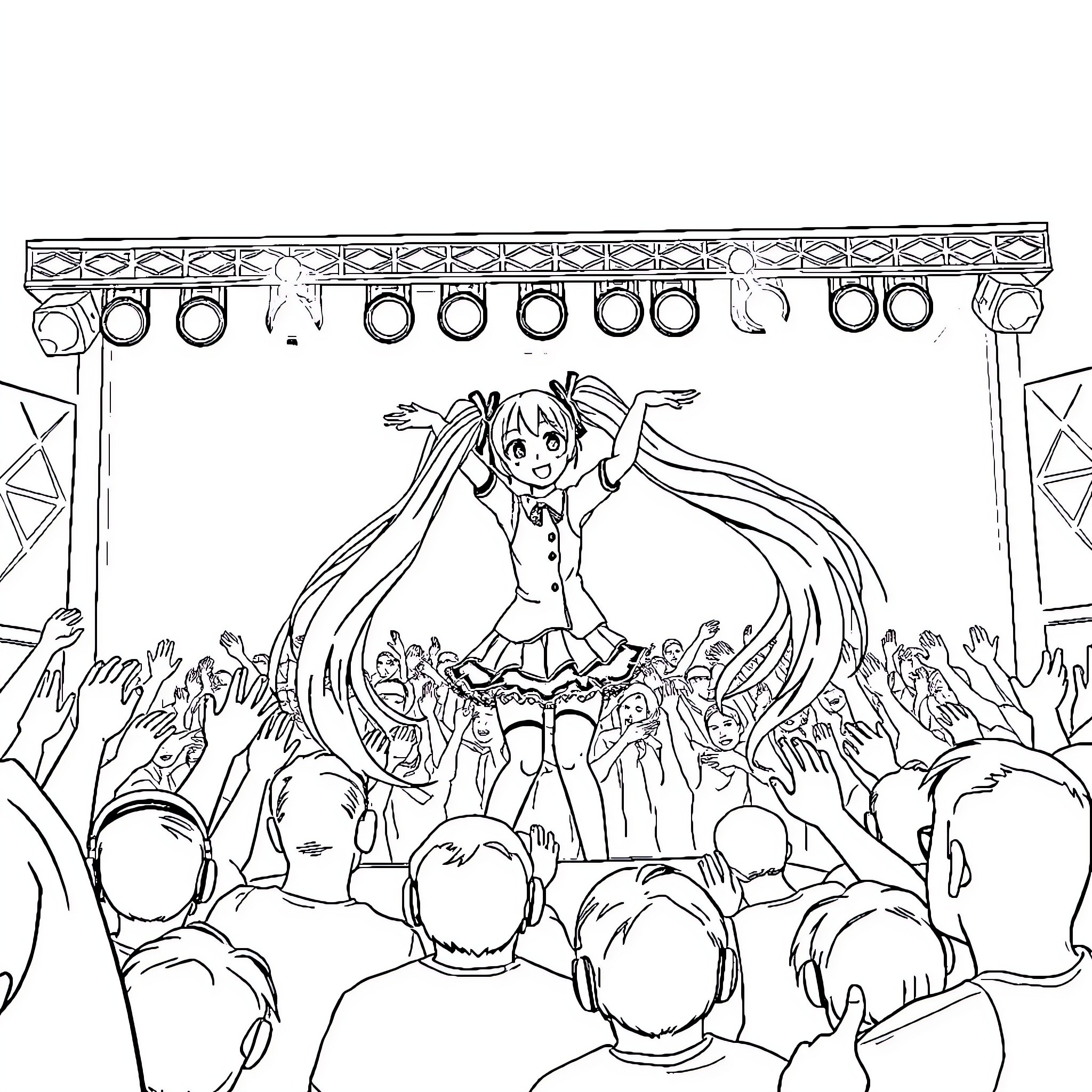 Hatsune Miku performing lively on stage Coloring Page (free black-and-white line drawing printable PDF for all, from beginners to advanced learners, including children, teens, adults, and seniors)