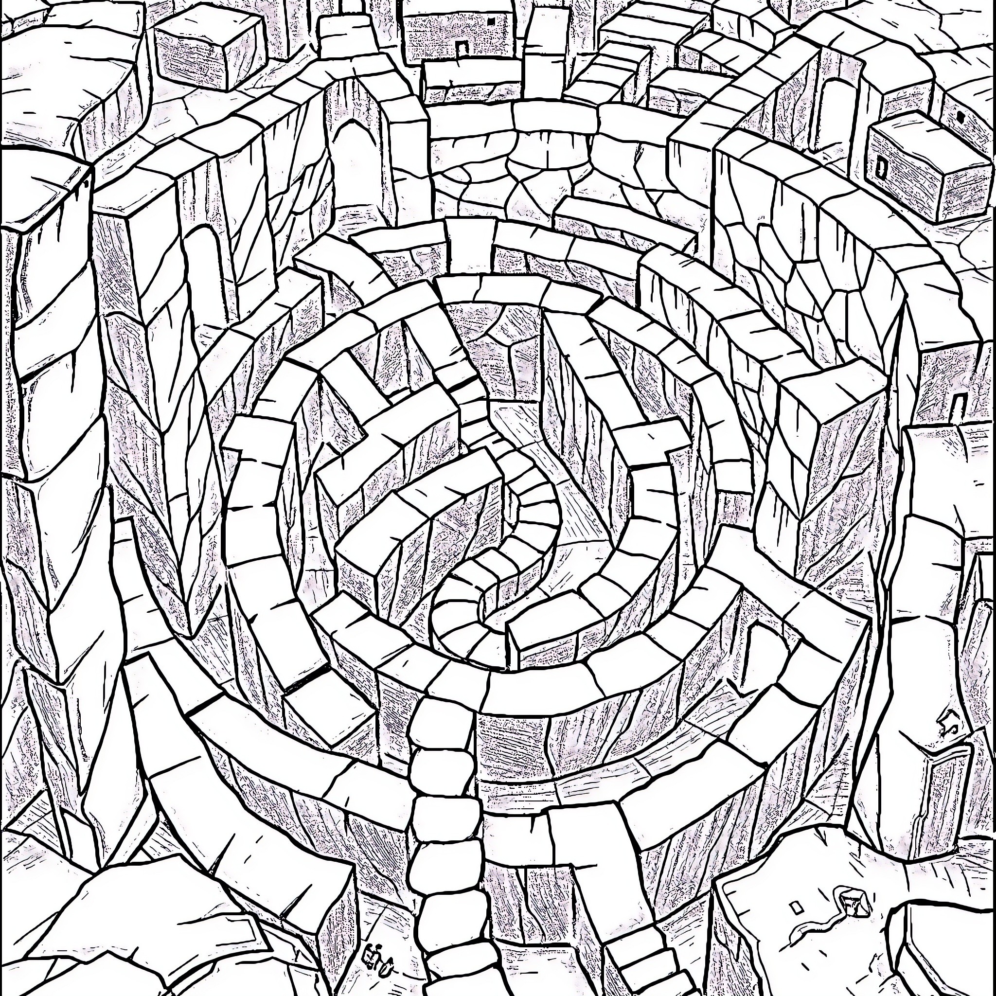 Labyrinth of Intricate Patterns and Geometric Shapes Coloring Page (free black-and-white line drawing printable PDF for all, from beginners to advanced learners, including children, teens, adults, and seniors)