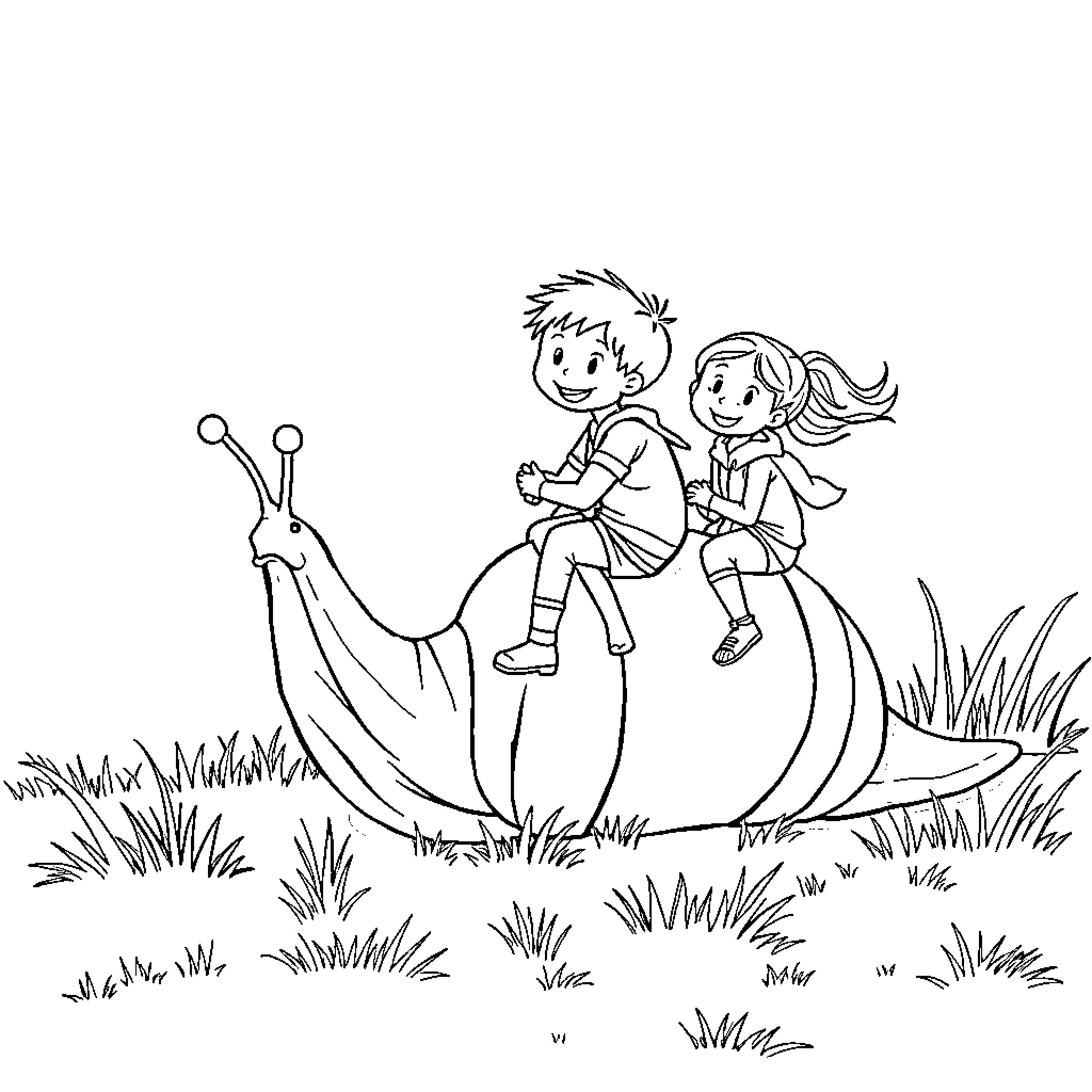 Slug playing with children in the garden Coloring Page (free black-and-white line drawing printable PDF for all, from beginners to advanced learners, including children, teens, adults, and seniors)