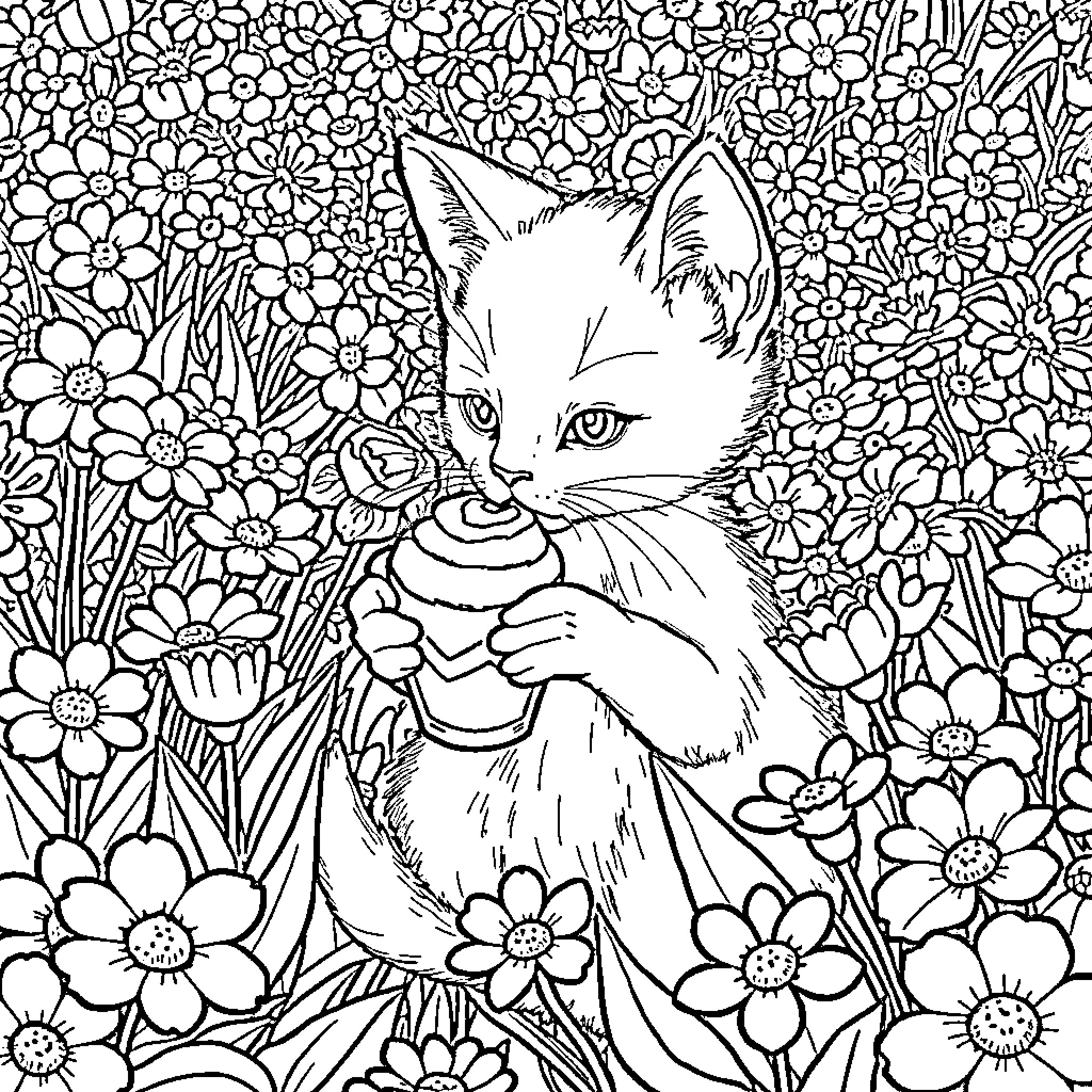 Kitten in a Floral Garden Coloring Page (free black-and-white line drawing printable PDF for all, from beginners to advanced learners, including children, teens, adults, and seniors)