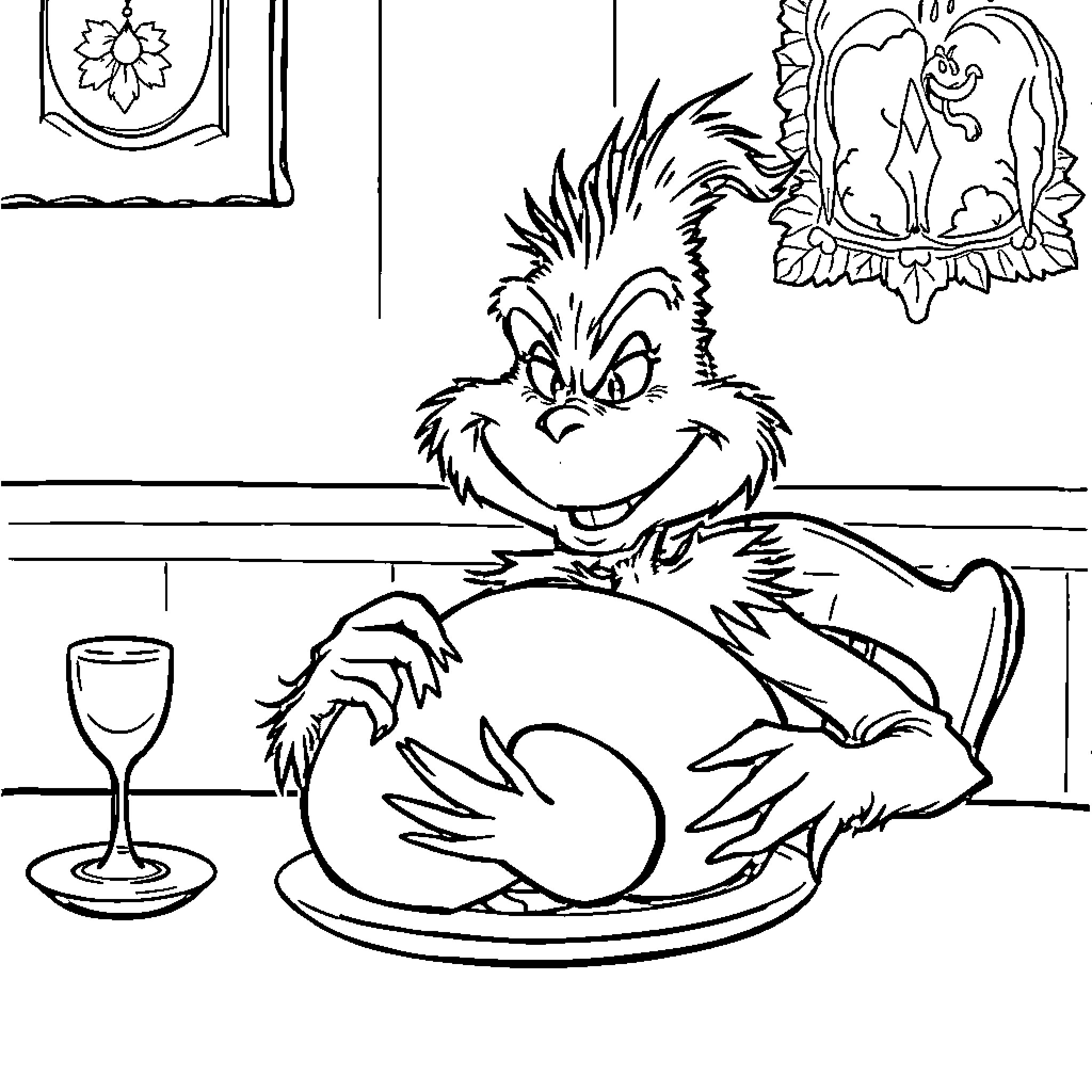 Grinch enjoys a festive meal in his cozy abode Coloring Page (free black-and-white line drawing printable PDF for all, from beginners to advanced learners, including children, teens, adults, and seniors)