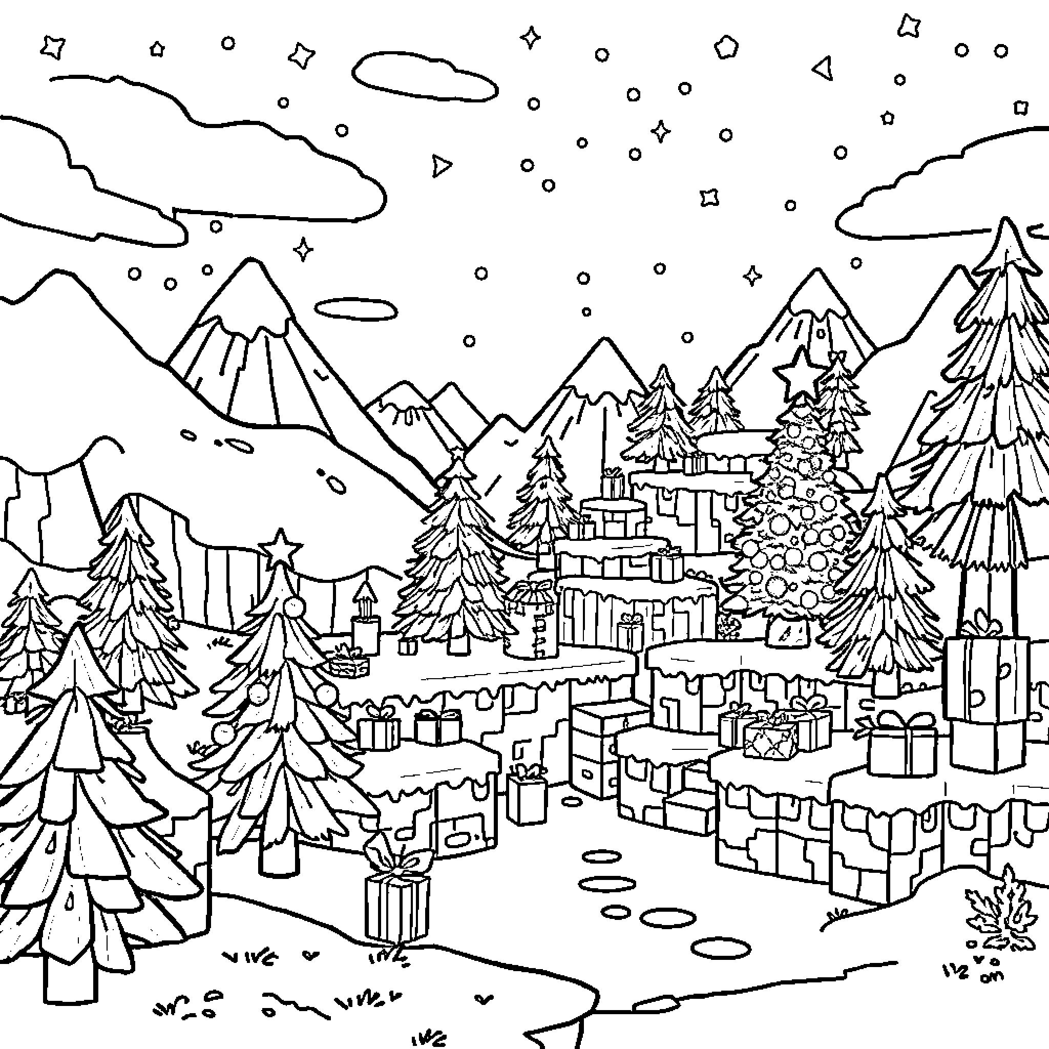 Minecraft snowy mountains and forest landscape Coloring Page (free black-and-white line drawing printable PDF for all, from beginners to advanced learners, including children, teens, adults, and seniors)