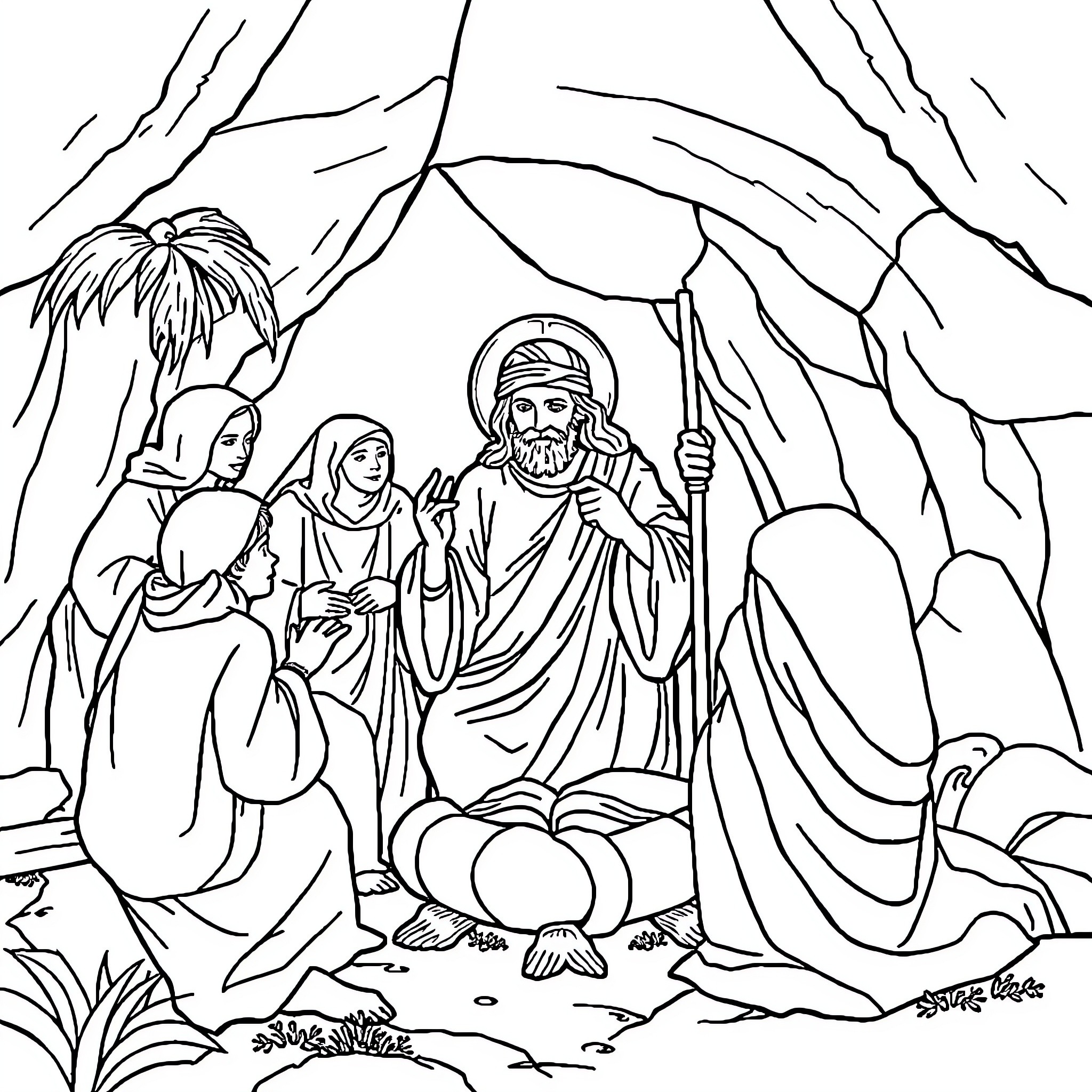 Jesus teaching his disciples in the wilderness Coloring Page (free black-and-white line drawing printable PDF for all, from beginners to advanced learners, including children, teens, adults, and seniors)