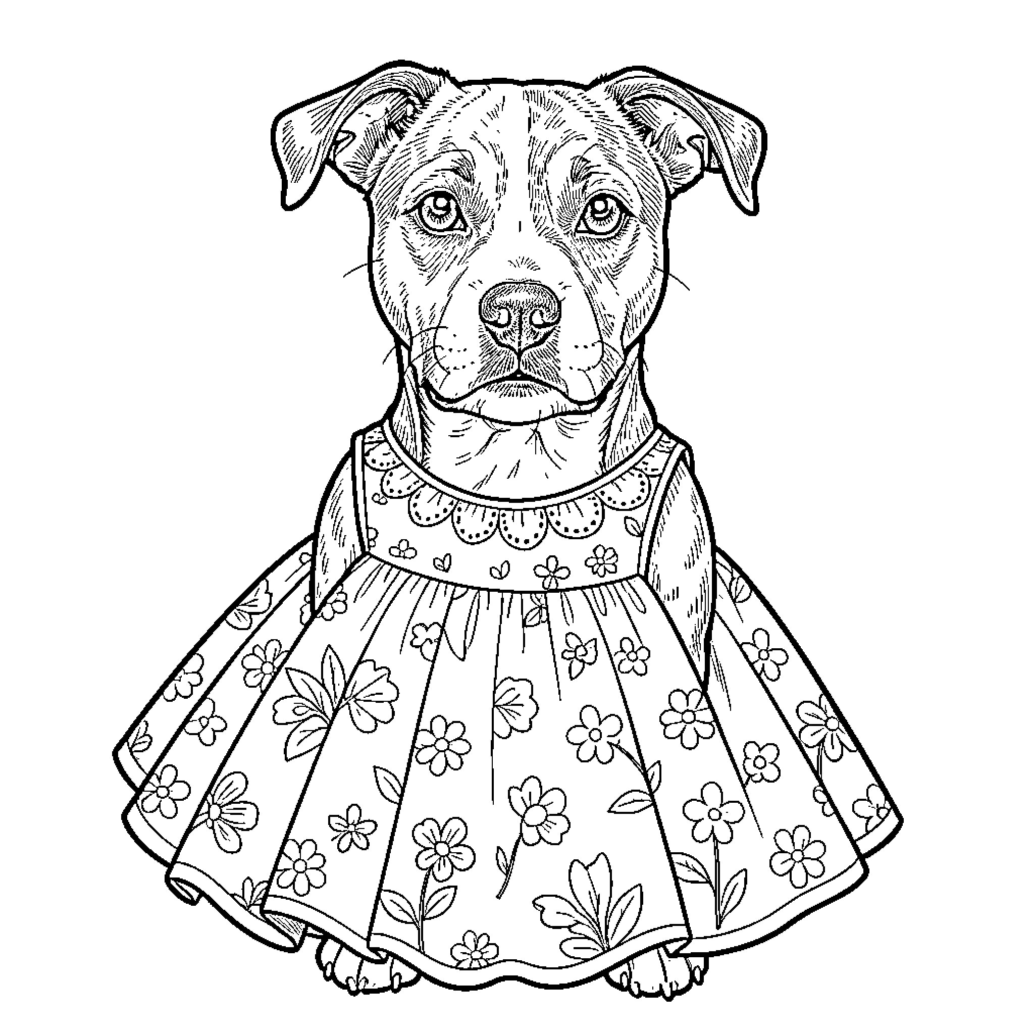 Staffy Lab Cross wearing a floral dress with a sweet expression Coloring Page (free black-and-white line drawing printable PDF for all, from beginners to advanced learners, including children, teens, adults, and seniors)