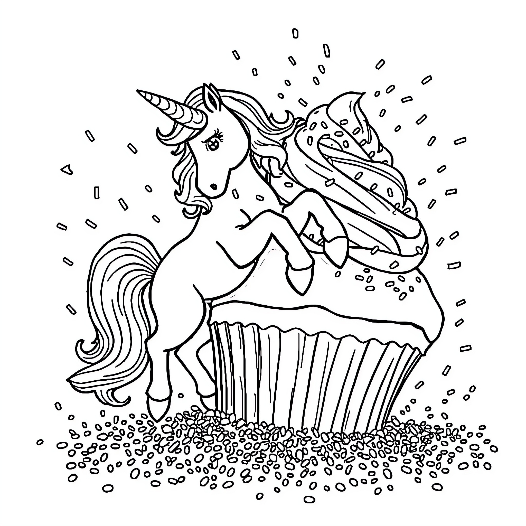 Unicorn riding a magical cupcake in a whimsical scene Coloring Page (free black-and-white line drawing printable PDF for all, from beginners to advanced learners, including children, teens, adults, and seniors)