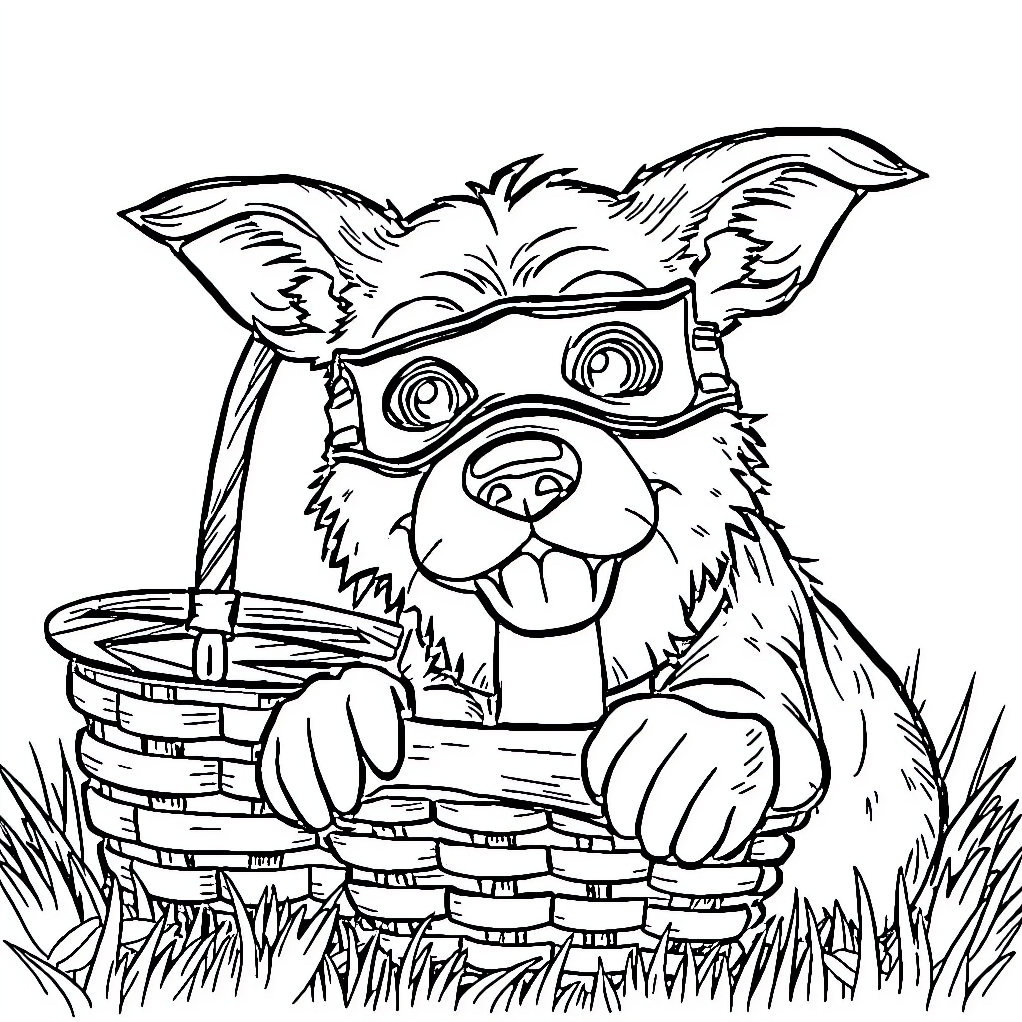 Dog playing in basket with mask Coloring Page (free black-and-white line drawing printable PDF for all, from beginners to advanced learners, including children, teens, adults, and seniors)