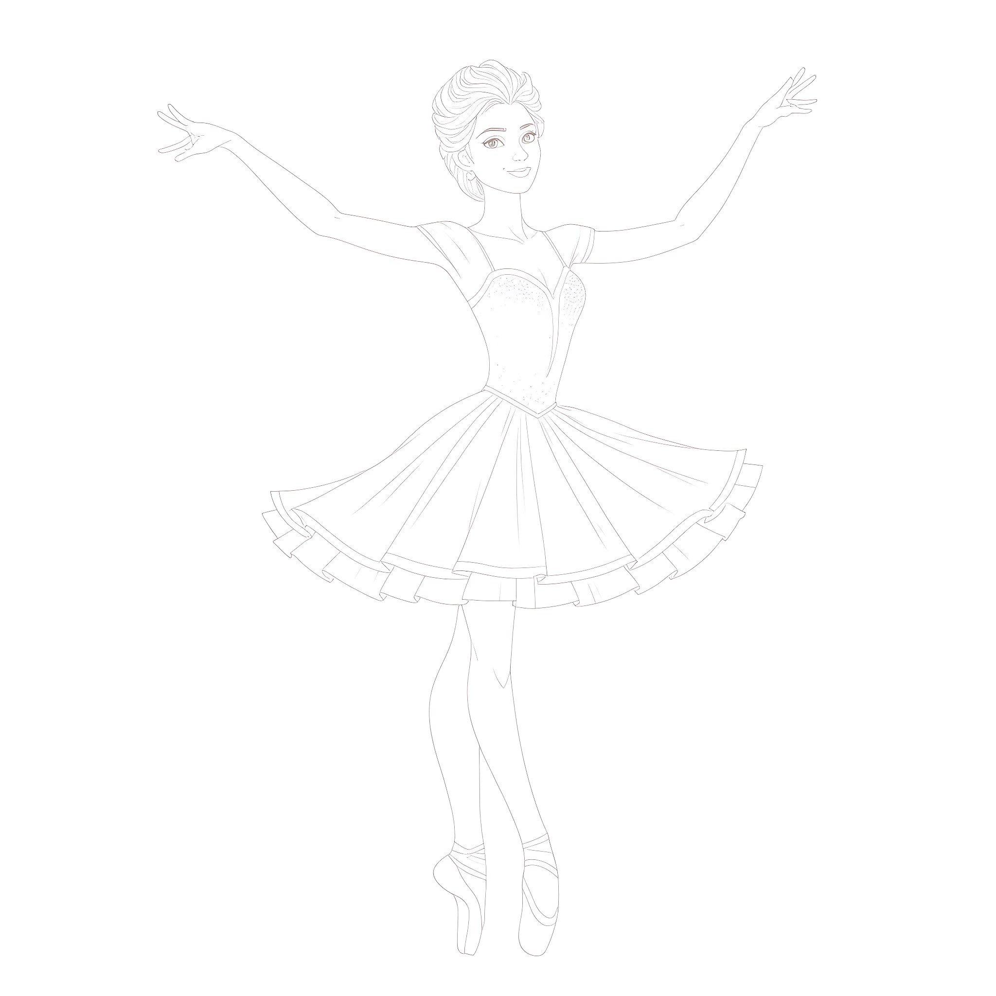 Elsa the ballerina gracefully dancing on stage Coloring Page (free black-and-white line drawing printable PDF for all, from beginners to advanced learners, including children, teens, adults, and seniors)