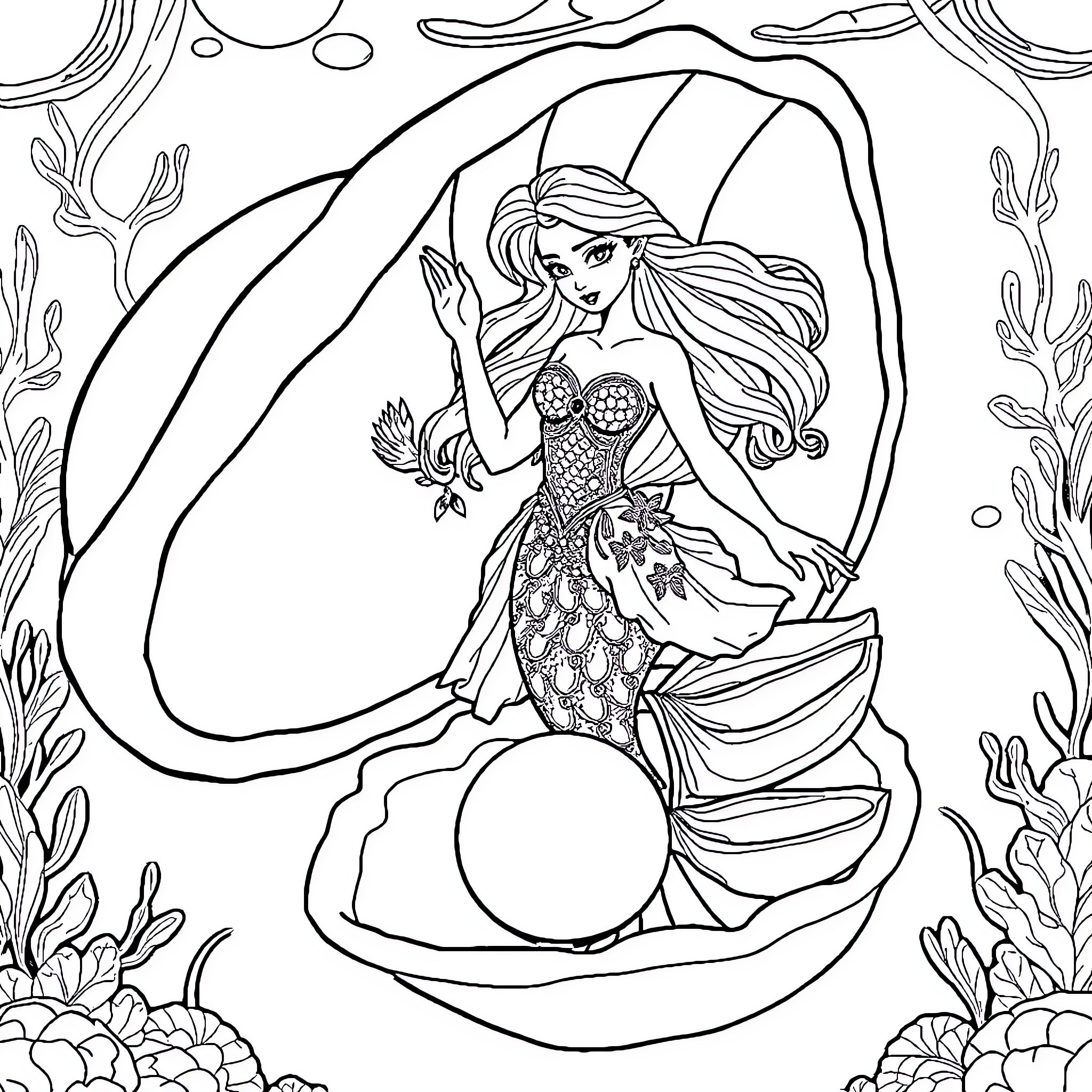 Mermaid with flowing hair and intricate dress swimming in the ocean Coloring Page (free black-and-white line drawing printable PDF for all, from beginners to advanced learners, including children, teens, adults, and seniors)