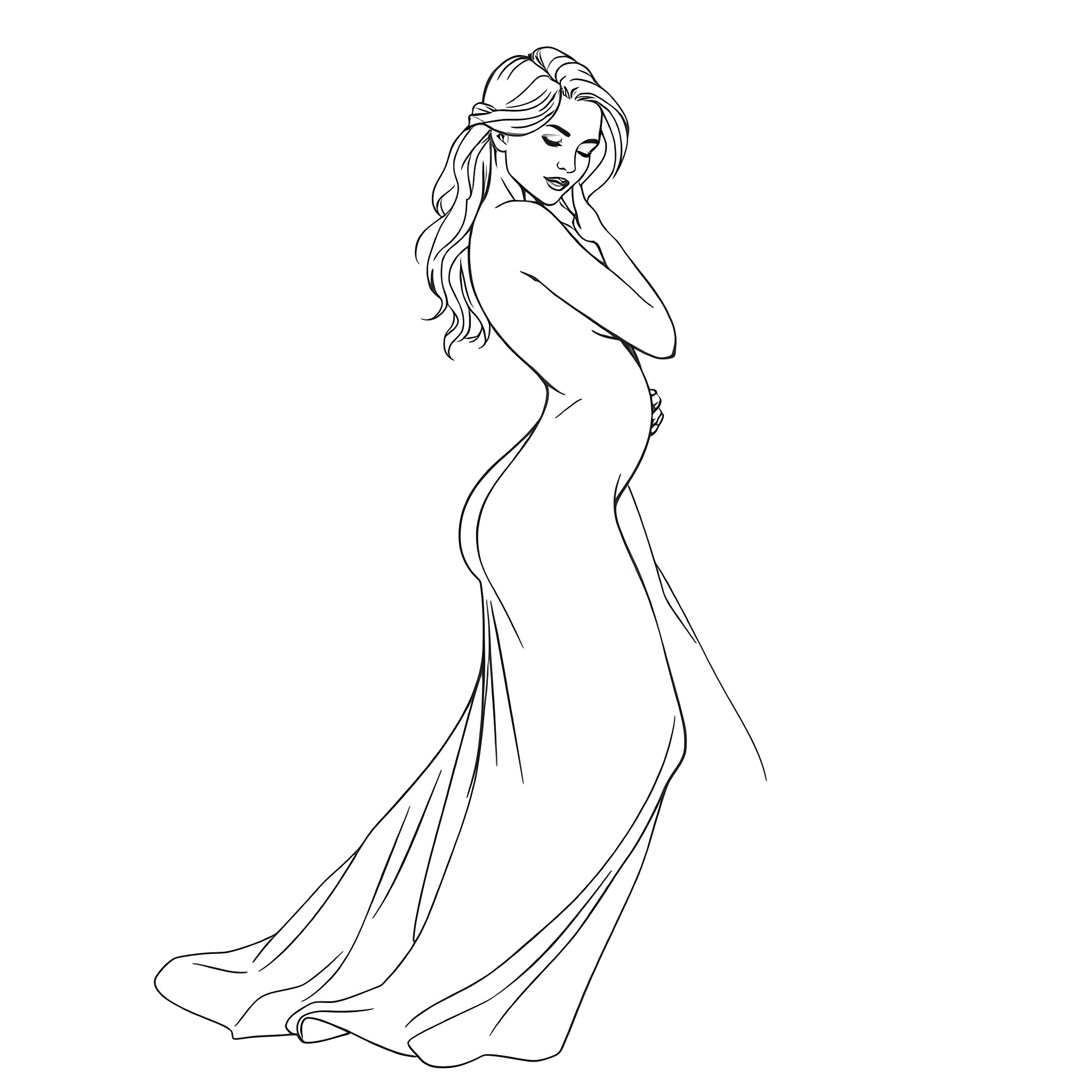 Woman in flowing evening gown striking a pose Coloring Page (free black-and-white line drawing printable PDF for all, from beginners to advanced learners, including children, teens, adults, and seniors)