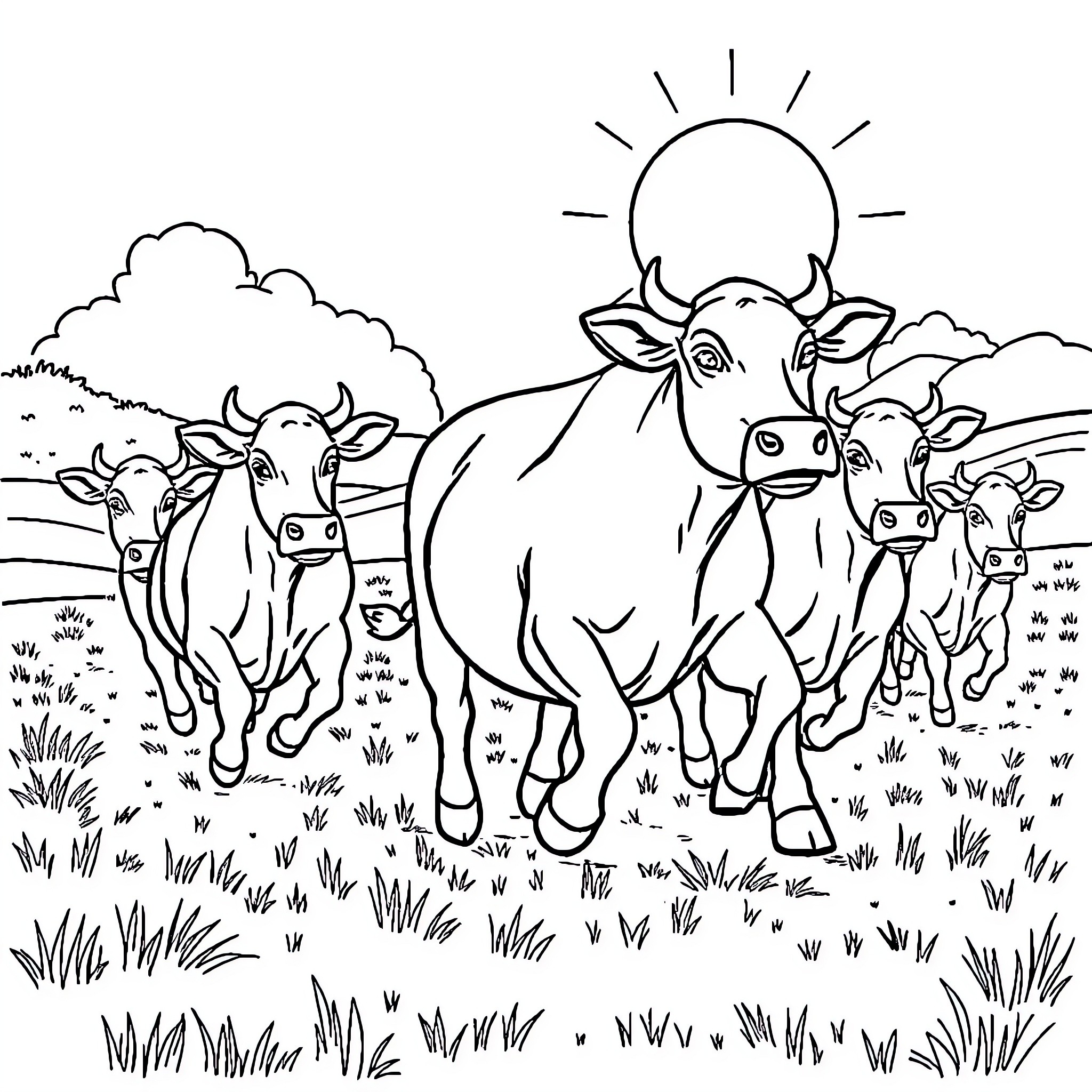 Cow herd grazing peacefully in the field Coloring Page (free black-and-white line drawing printable PDF for all, from beginners to advanced learners, including children, teens, adults, and seniors)