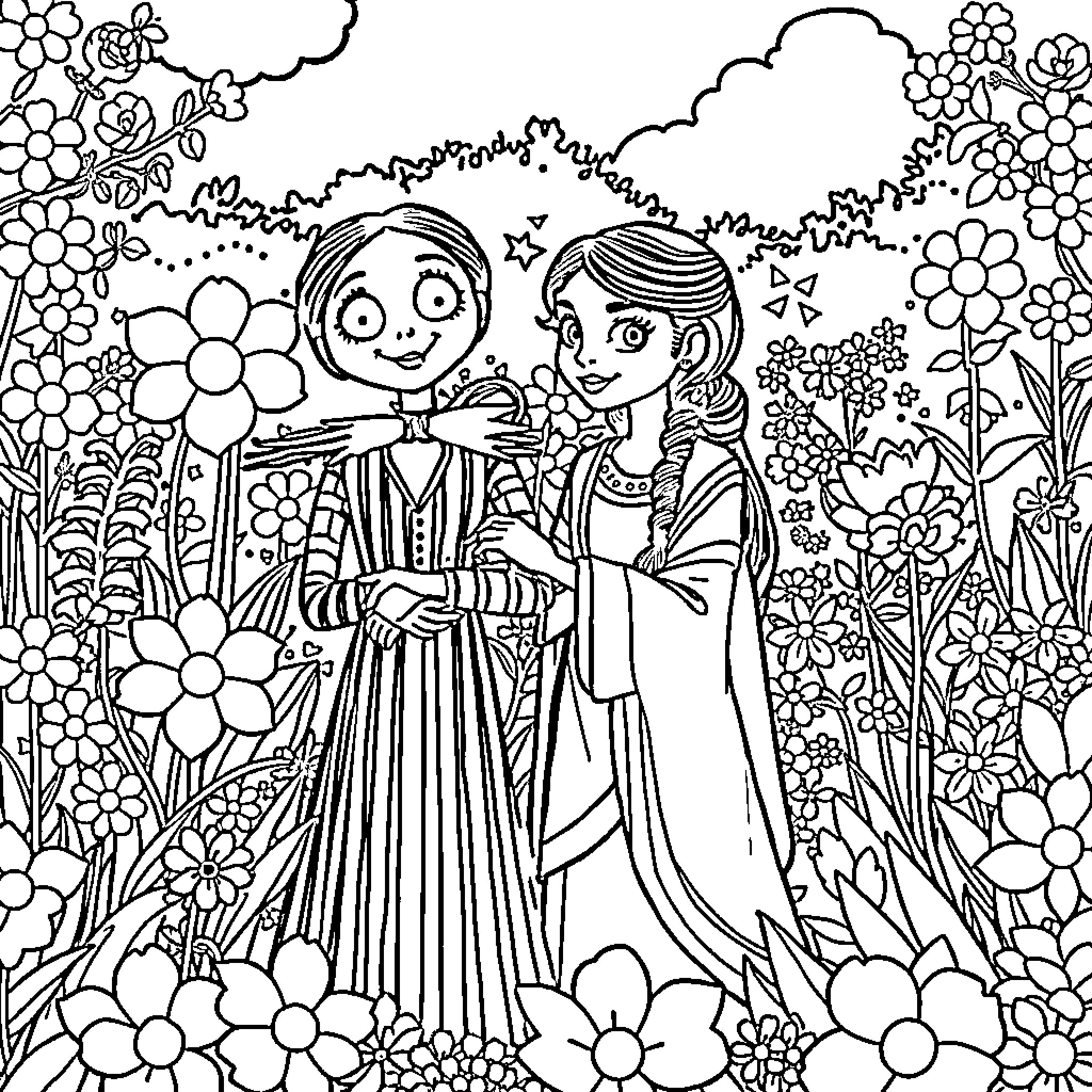 Wednesday friendship blossoms in a floral wonderland Coloring Page (free black-and-white line drawing printable PDF for all, from beginners to advanced learners, including children, teens, adults, and seniors)