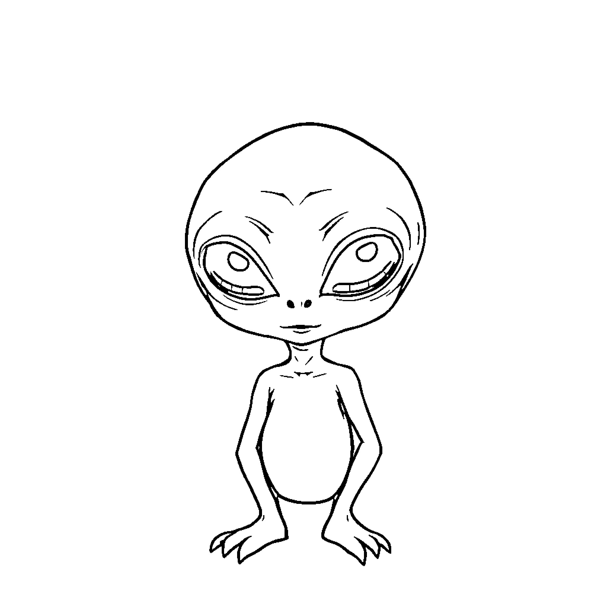 Alien creature with large eyes and friendly expression Coloring Page (free black-and-white line drawing printable PDF for all, from beginners to advanced learners, including children, teens, adults, and seniors)