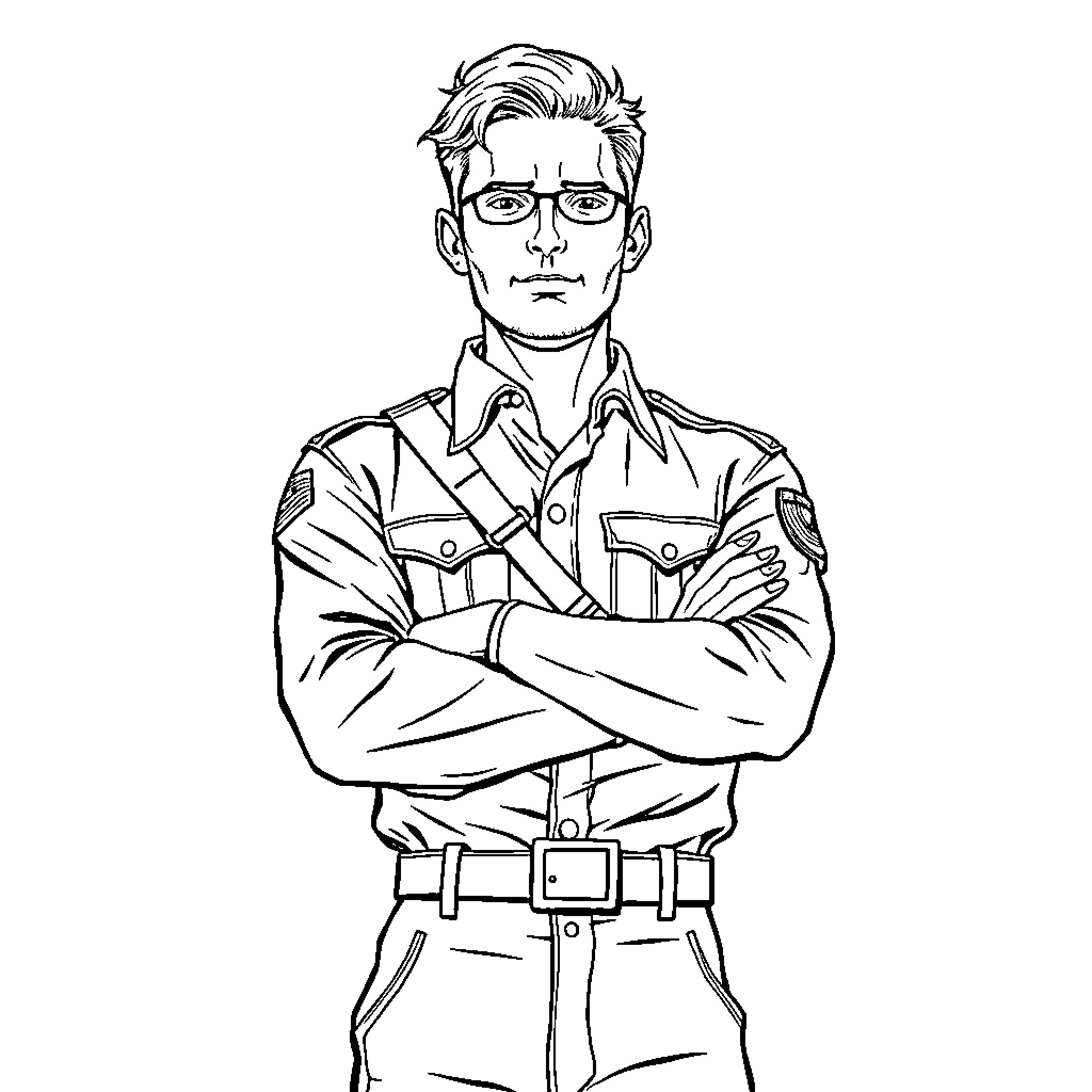 Levi Ackerman in military uniform with stern expression Coloring Page (free black-and-white line drawing printable PDF for all, from beginners to advanced learners, including children, teens, adults, and seniors)