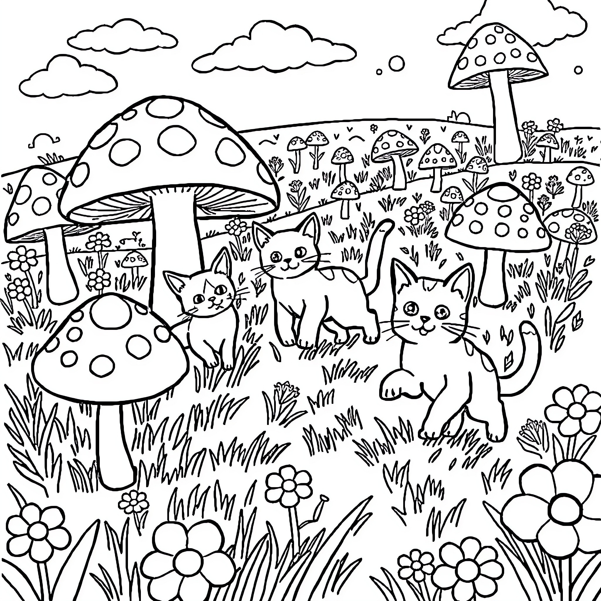 Cat Kittens Exploring Whimsical Mushroom Forest Coloring Page (free black-and-white line drawing printable PDF for all, from beginners to advanced learners, including children, teens, adults, and seniors)