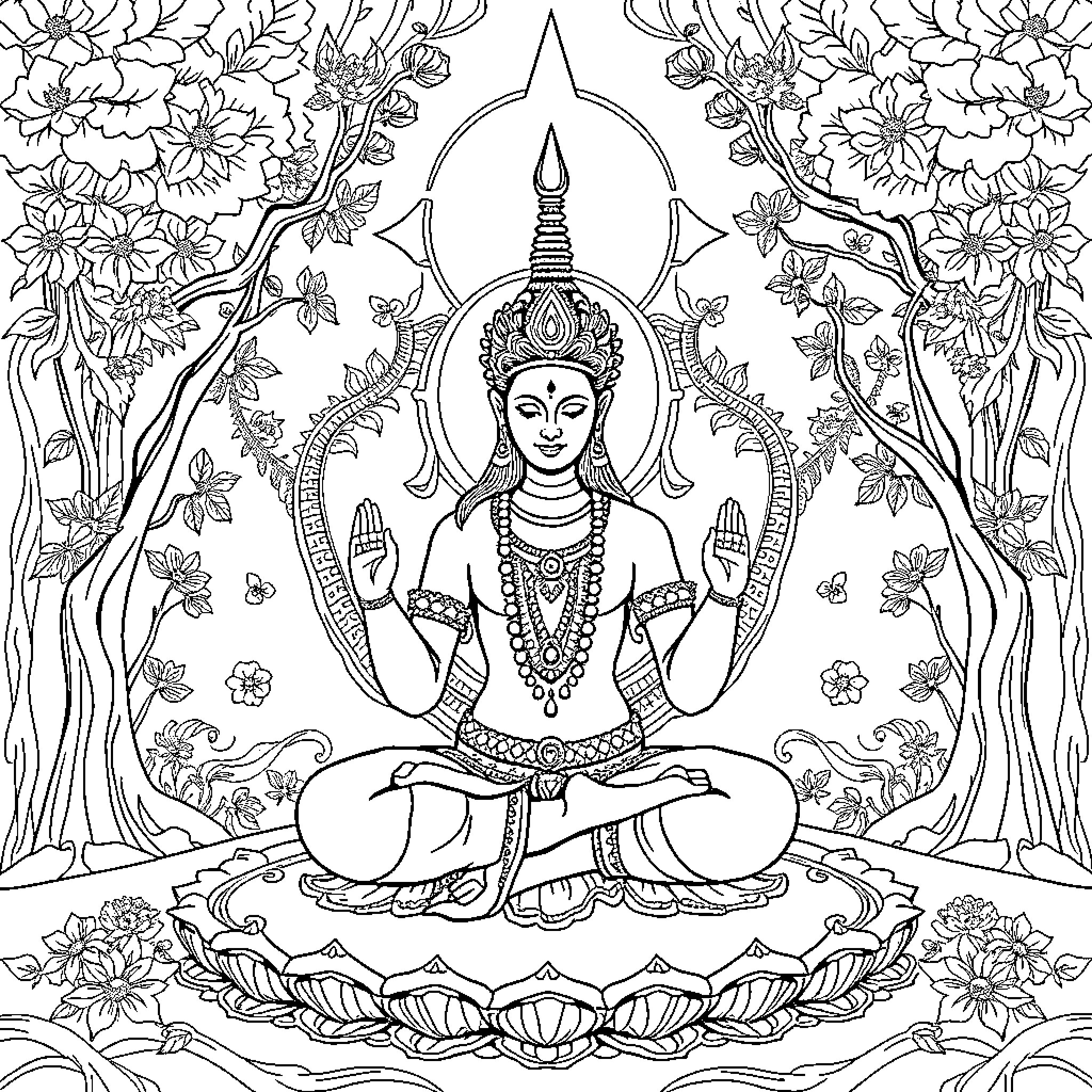 Swasan: Intricate Floral Meditation Coloring Page (free black-and-white line drawing printable PDF for all, from beginners to advanced learners, including children, teens, adults, and seniors)
