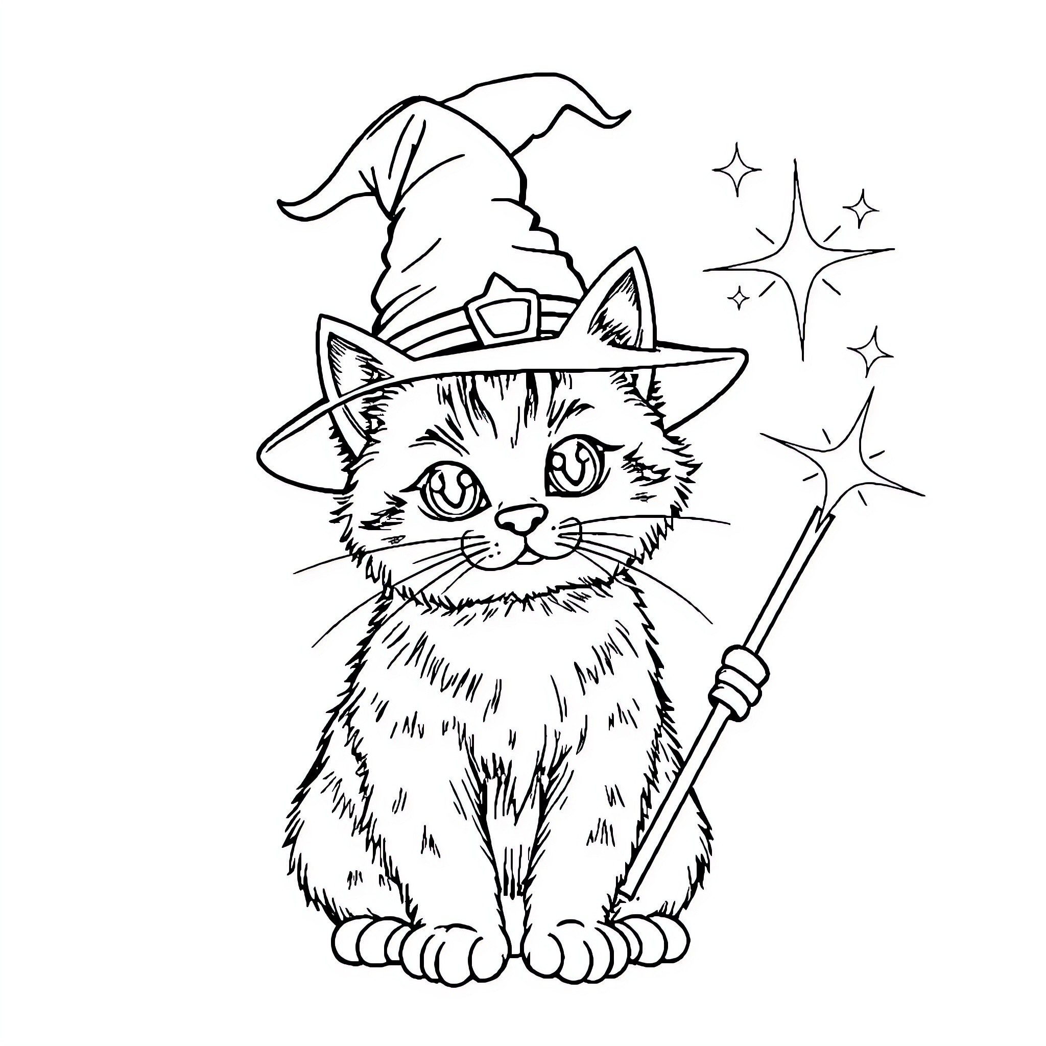 Wizard Cat casting magical spells Coloring Page (free black-and-white line drawing printable PDF for all, from beginners to advanced learners, including children, teens, adults, and seniors)