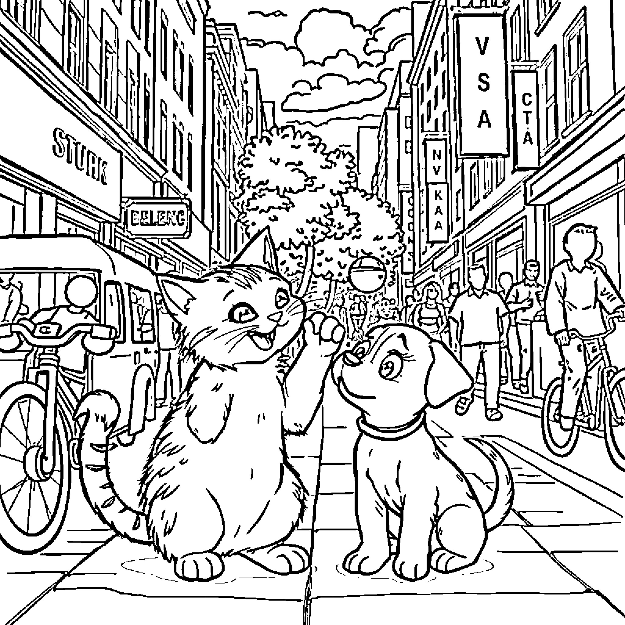 Cat and Dog Exploring the City Streets Coloring Page (free black-and-white line drawing printable PDF for all, from beginners to advanced learners, including children, teens, adults, and seniors)