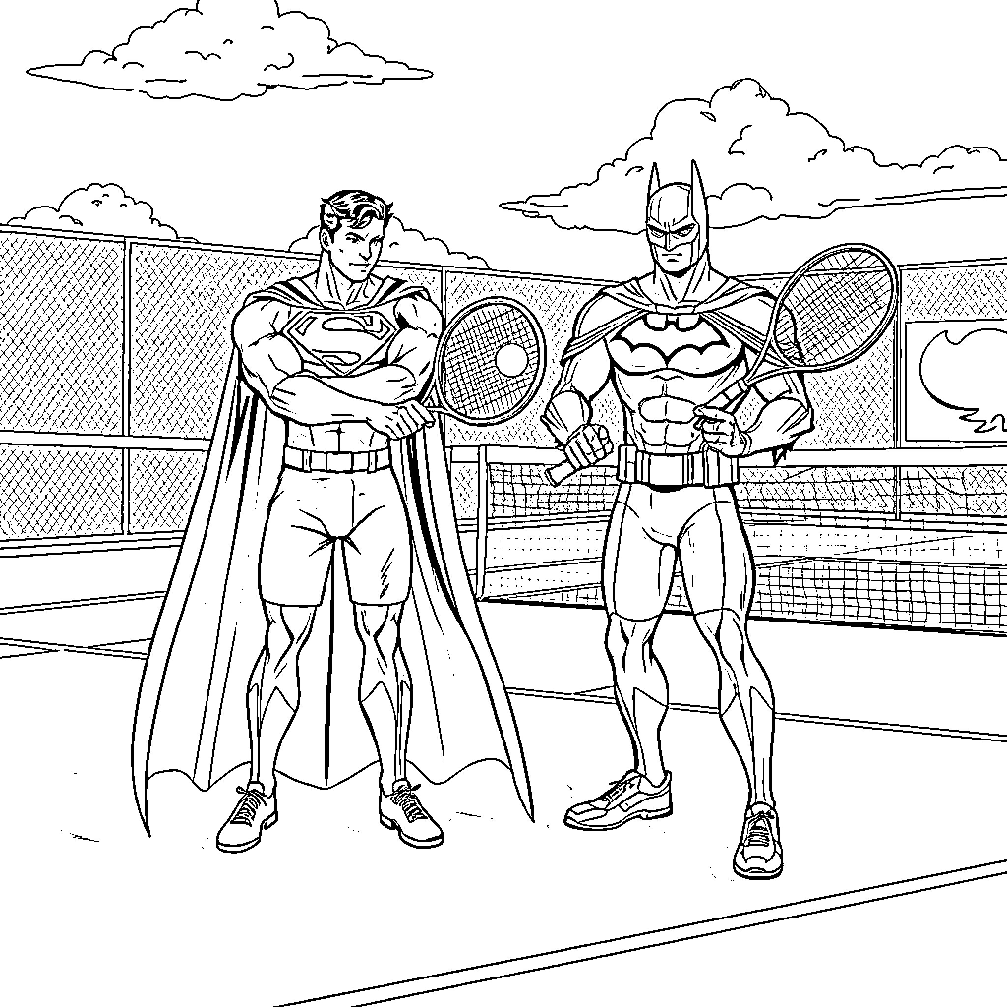 Superman and Batman compete in a tennis match Coloring Page (free black-and-white line drawing printable PDF for all, from beginners to advanced learners, including children, teens, adults, and seniors)