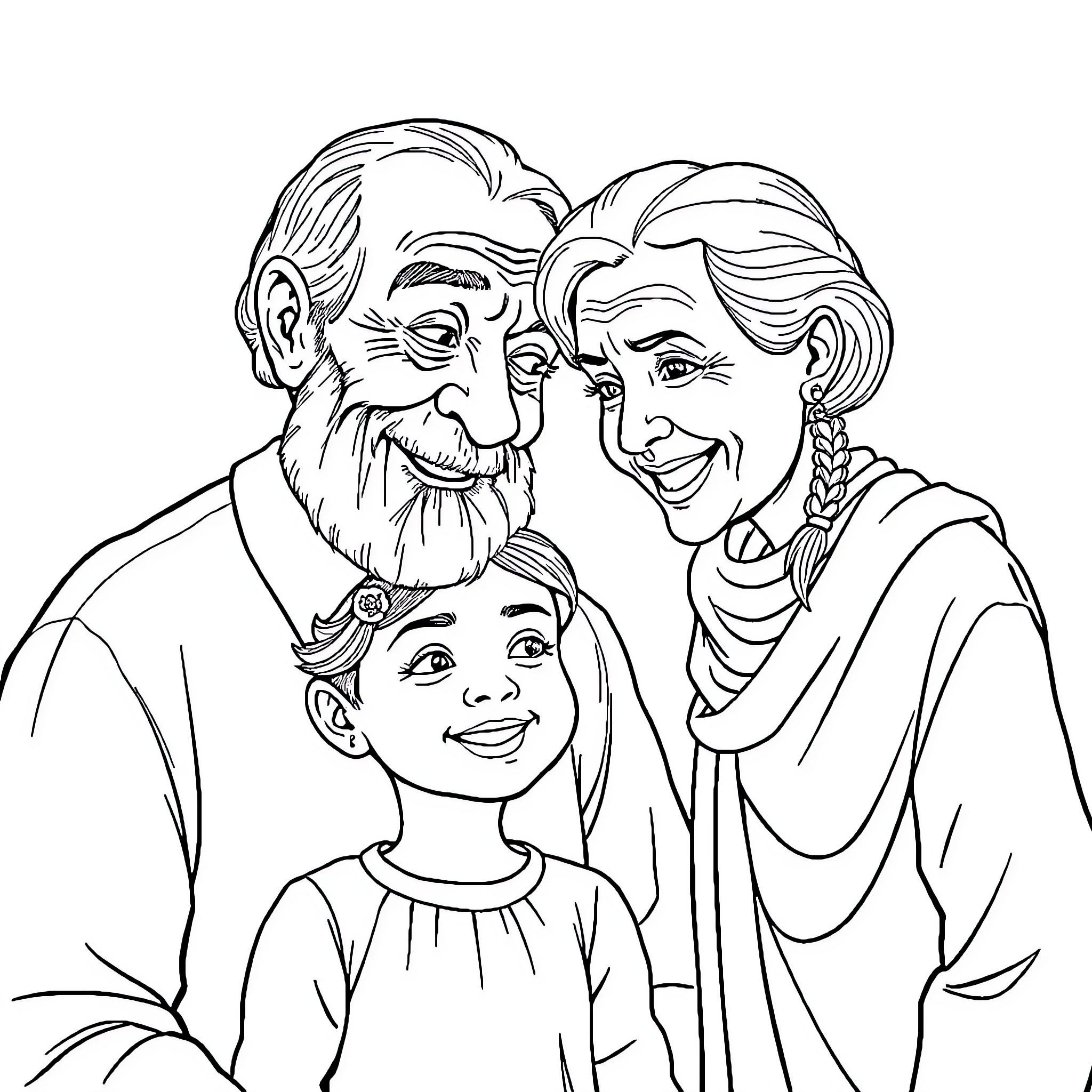 Teacher and Grandparents Sharing Affection with Young Student Coloring Page (free black-and-white line drawing printable PDF for all, from beginners to advanced learners, including children, teens, adults, and seniors)
