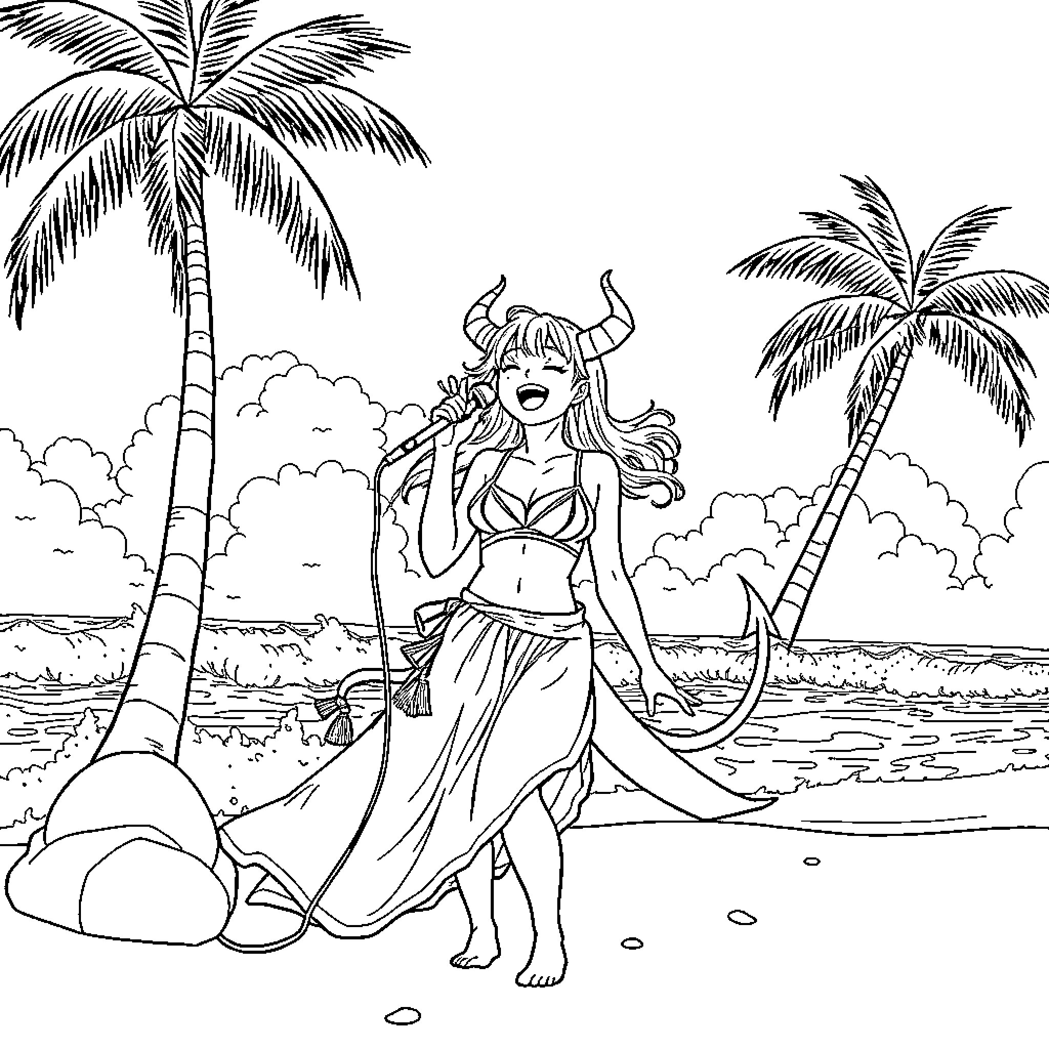 Mira enjoying a beach day under the palm trees Coloring Page (free black-and-white line drawing printable PDF for all, from beginners to advanced learners, including children, teens, adults, and seniors)