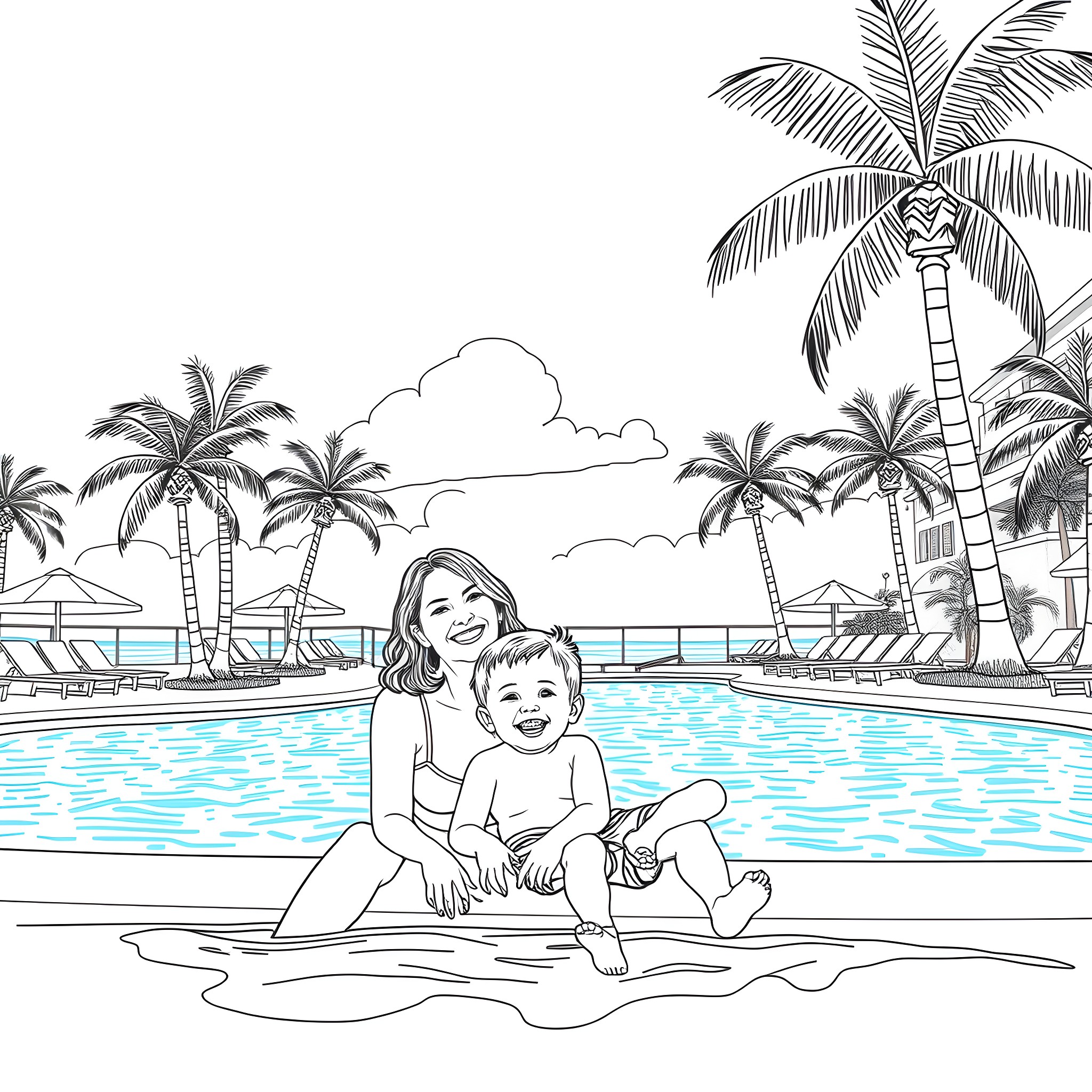 Mother and child enjoying a tropical day by the pool Coloring Page (free black-and-white line drawing printable PDF for all, from beginners to advanced learners, including children, teens, adults, and seniors)