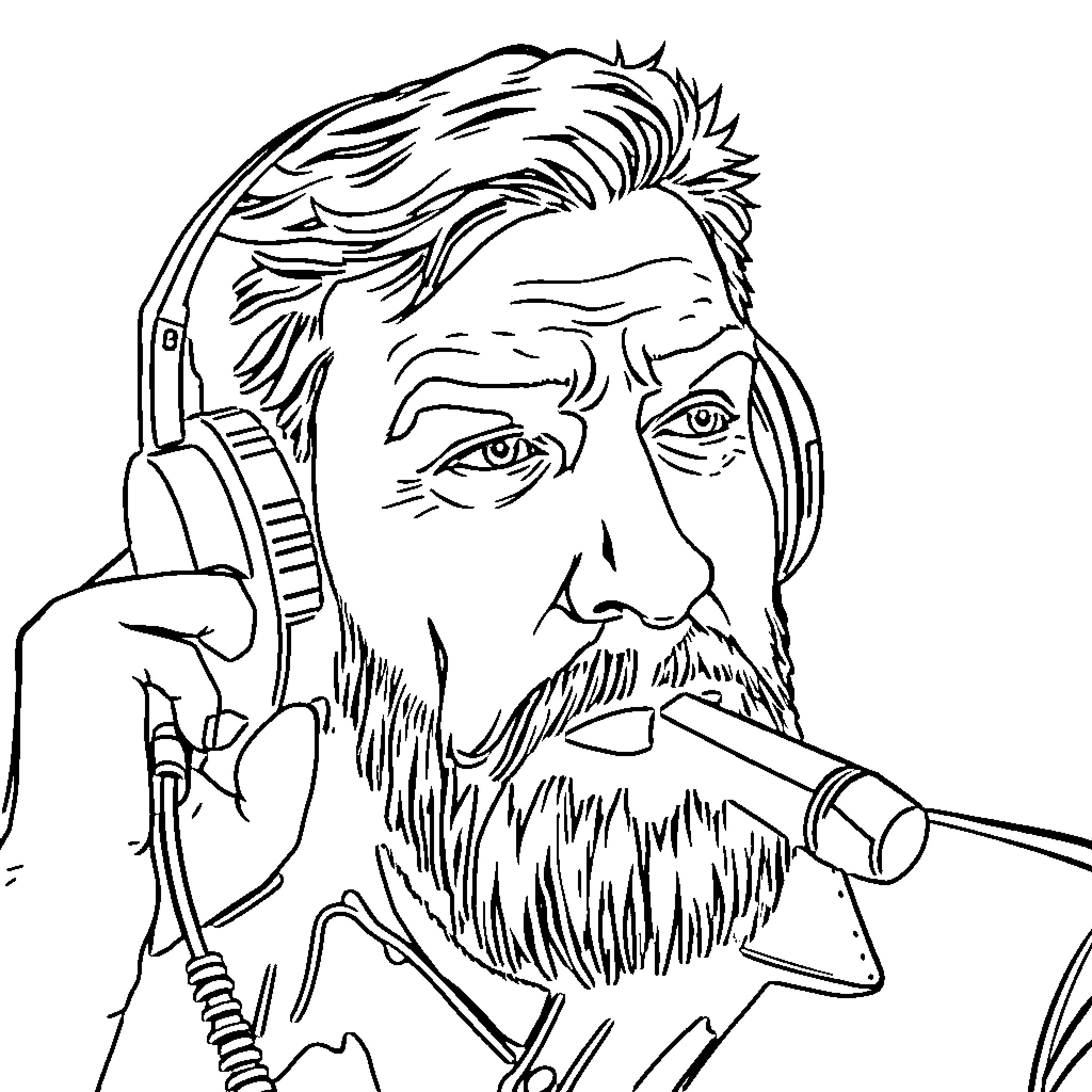 Marshall's Focused Expression with Beard and Headphones Coloring Page (free black-and-white line drawing printable PDF for all, from beginners to advanced learners, including children, teens, adults, and seniors)