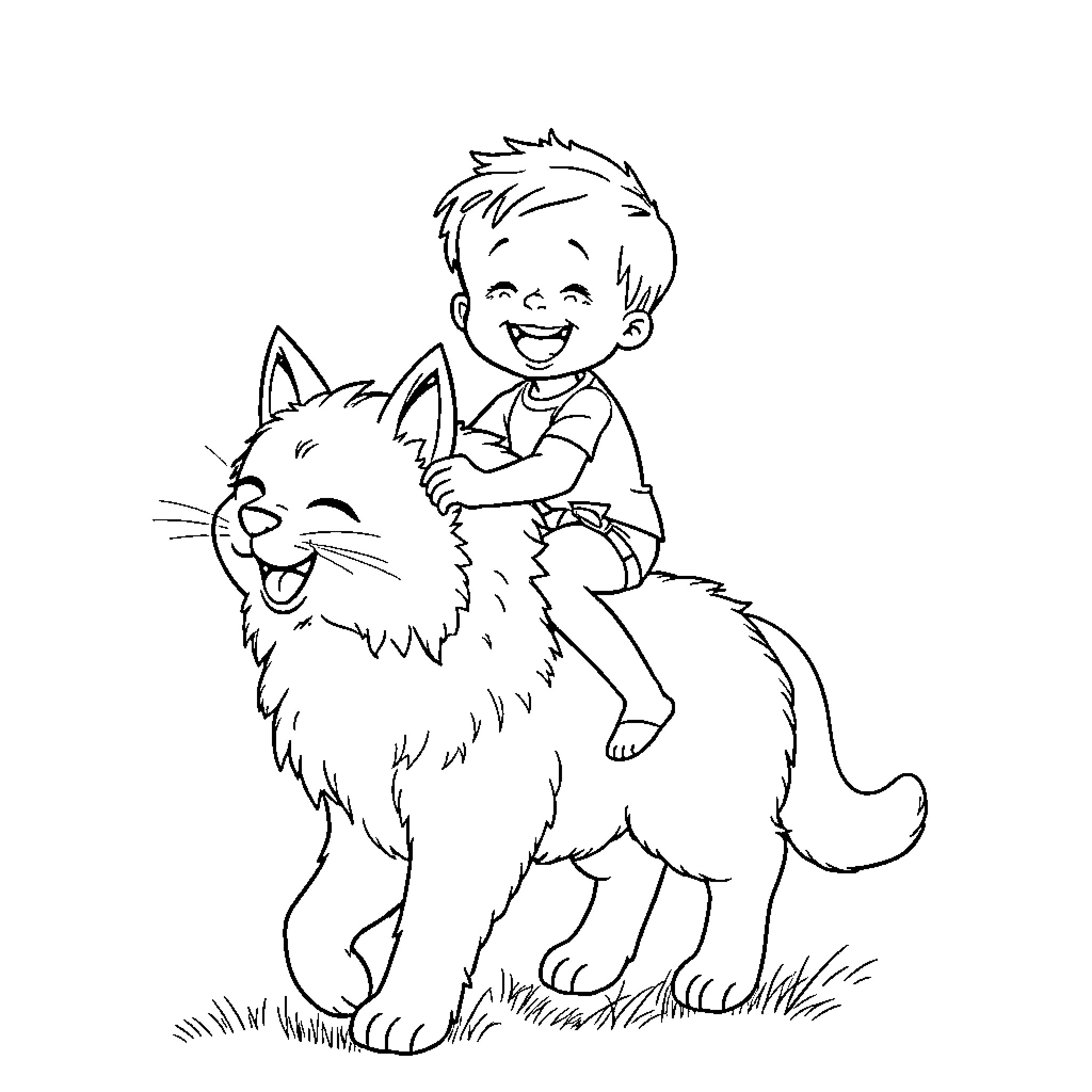 Horse and boy playing together in the yard Coloring Page (free black-and-white line drawing printable PDF for all, from beginners to advanced learners, including children, teens, adults, and seniors)
