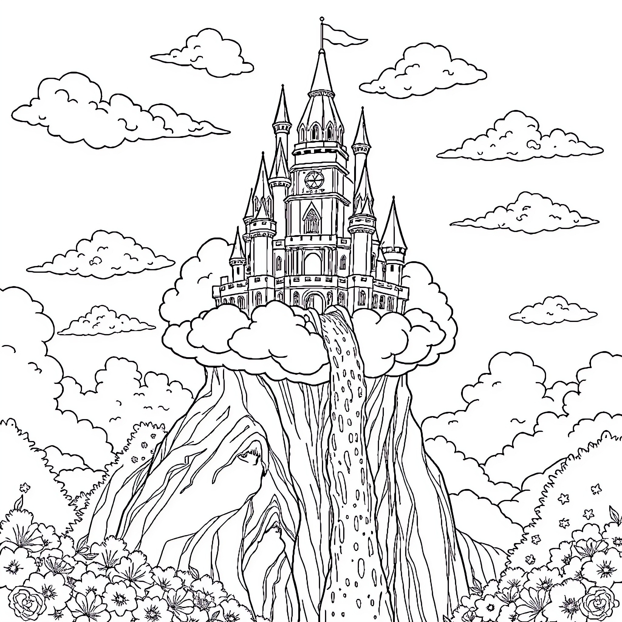 Castle in the Clouds with Floral Scenery Coloring Page (free black-and-white line drawing printable PDF for all, from beginners to advanced learners, including children, teens, adults, and seniors)