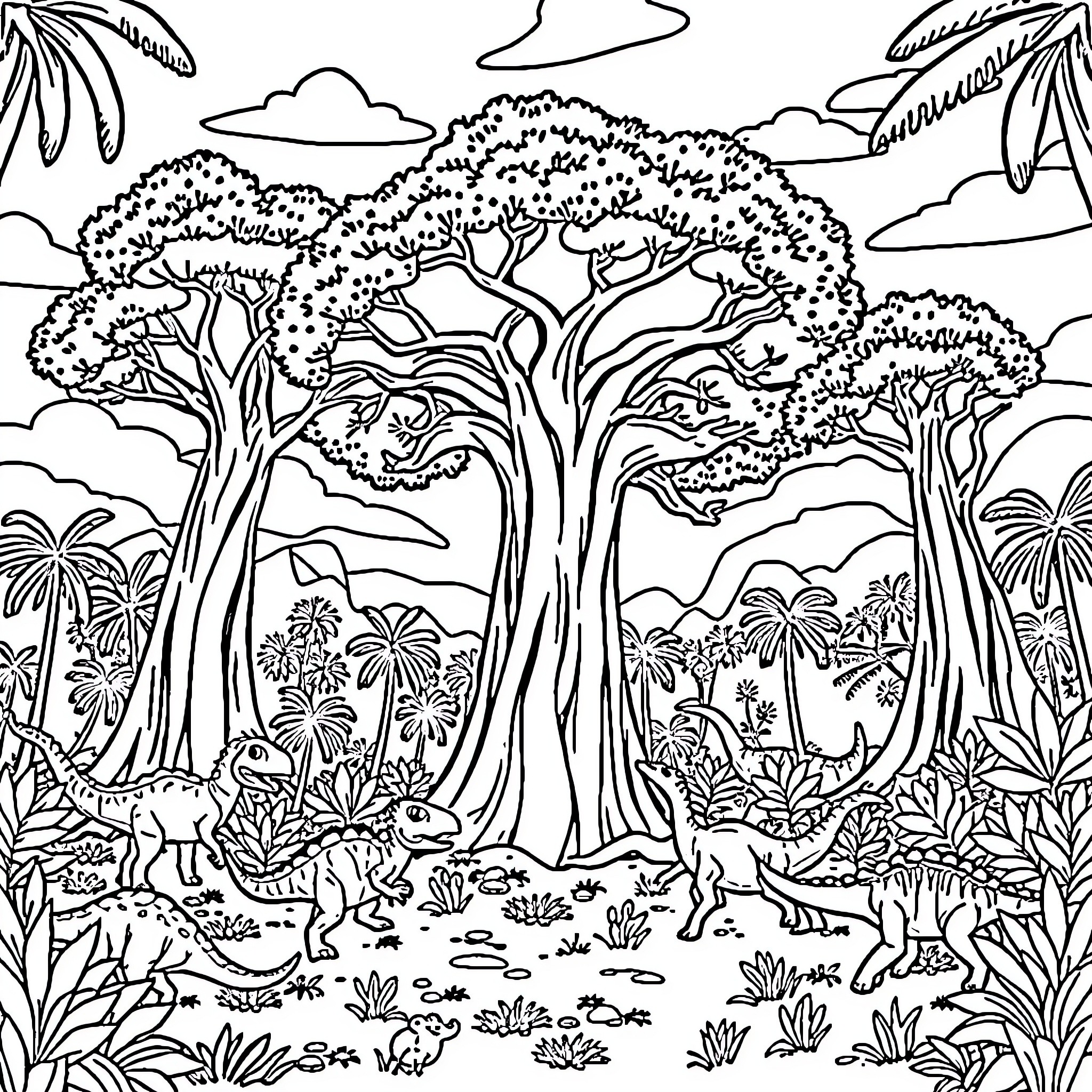 Dinosaurs roaming in a lush jungle landscape Coloring Page (free black-and-white line drawing printable PDF for all, from beginners to advanced learners, including children, teens, adults, and seniors)