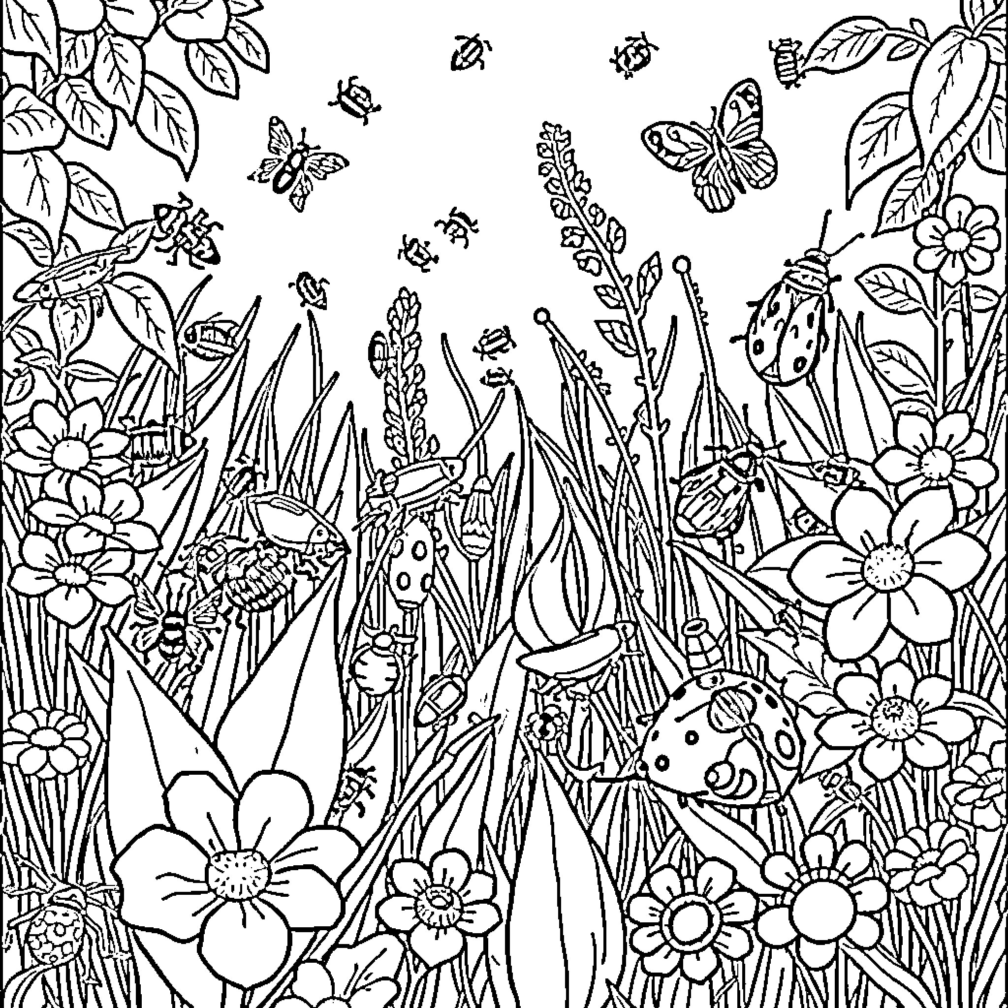 Bug Filled Garden with Flowers and Butterflies Coloring Page (free black-and-white line drawing printable PDF for all, from beginners to advanced learners, including children, teens, adults, and seniors)
