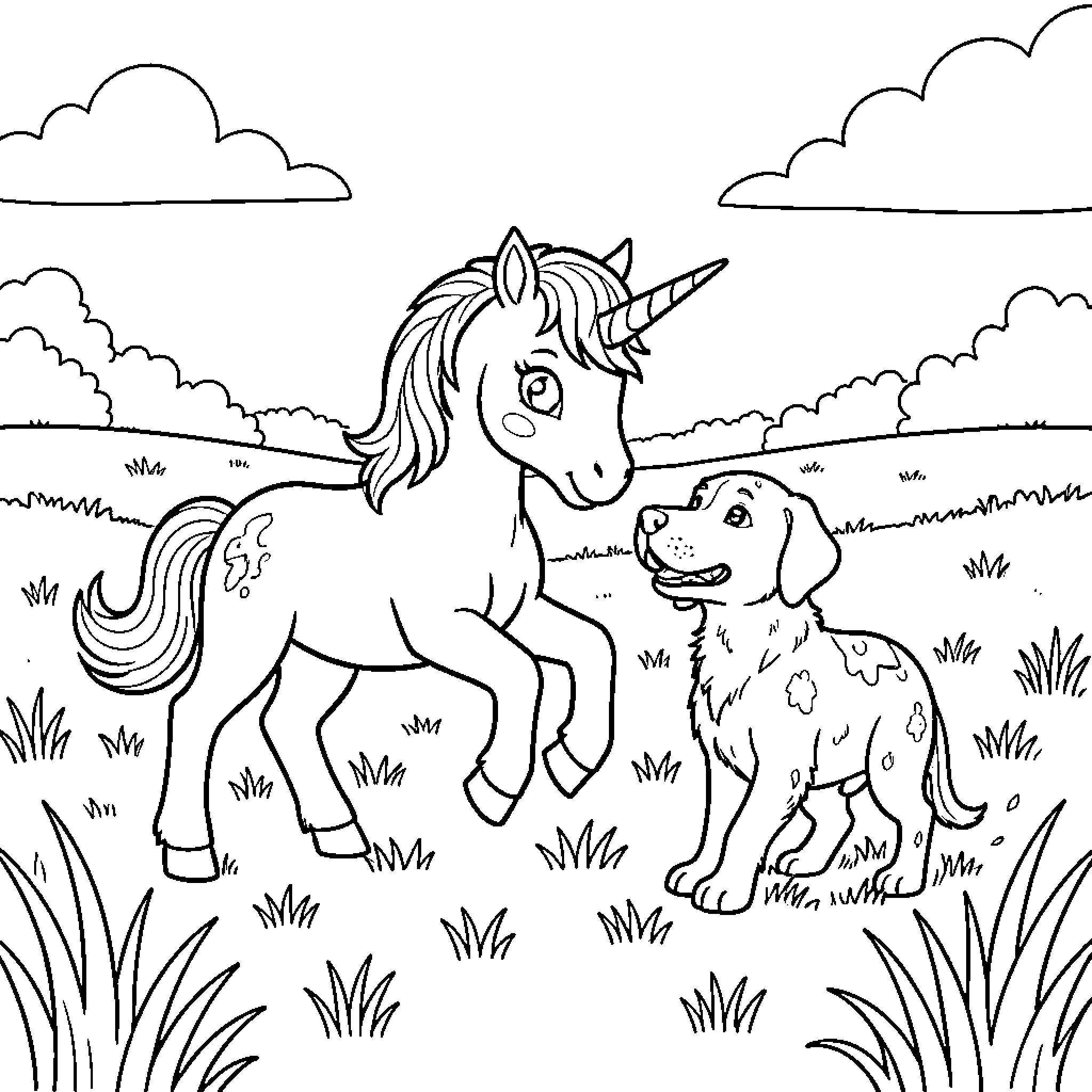 Unicorn interacting playfully with a small puppy Coloring Page (free black-and-white line drawing printable PDF for all, from beginners to advanced learners, including children, teens, adults, and seniors)