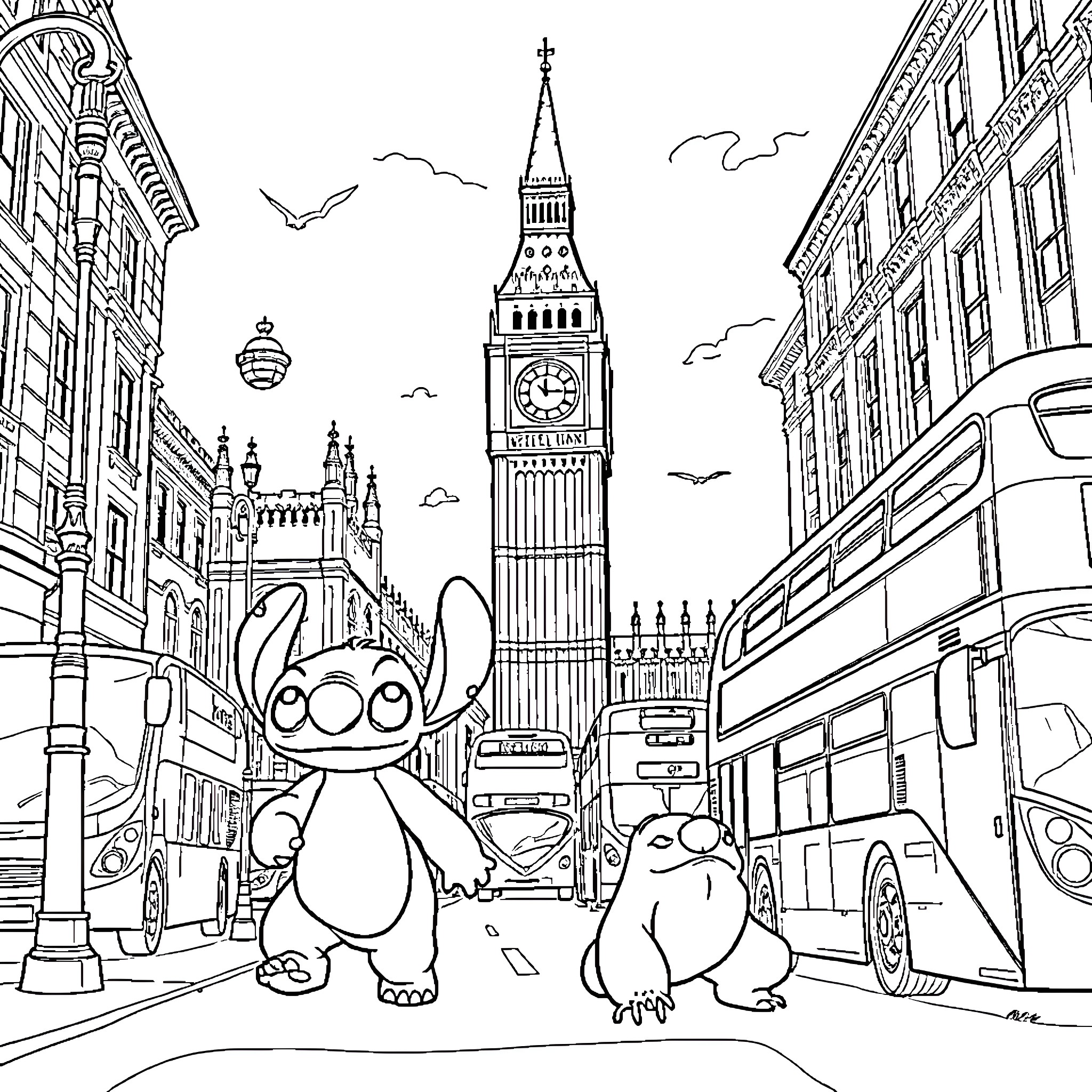 Lilo and Stitch's Adventure in the City Coloring Page (free black-and-white line drawing printable PDF for all, from beginners to advanced learners, including children, teens, adults, and seniors)