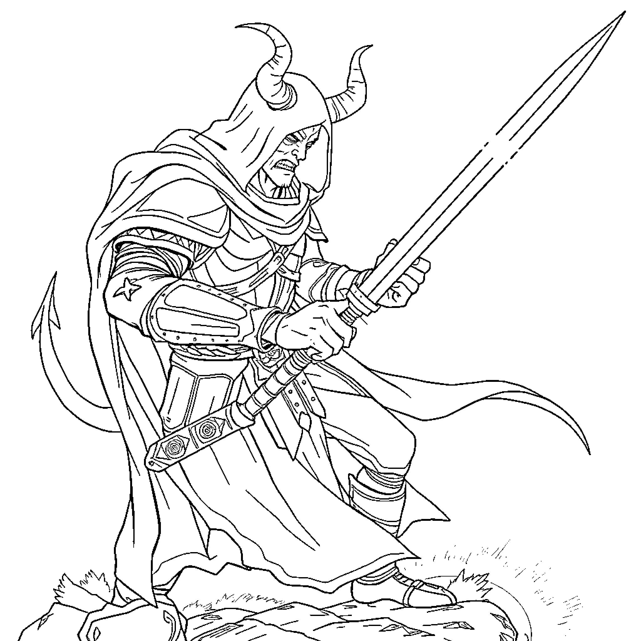 Demon Hunter Wielding Fierce Spear in Battle Stance Coloring Page (free black-and-white line drawing printable PDF for all, from beginners to advanced learners, including children, teens, adults, and seniors)
