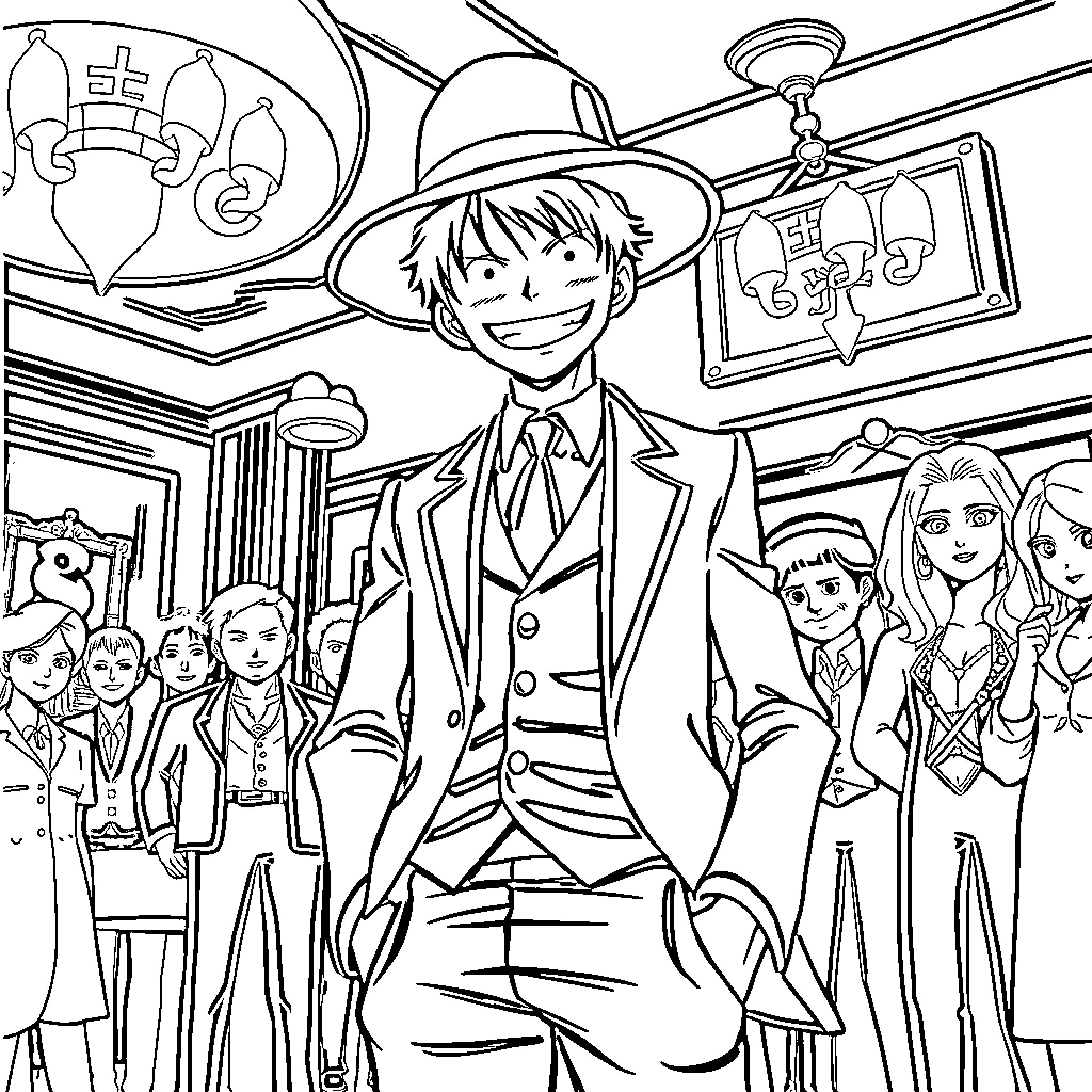 Monkey D Luffy among friends in formal attire Coloring Page (free black-and-white line drawing printable PDF for all, from beginners to advanced learners, including children, teens, adults, and seniors)