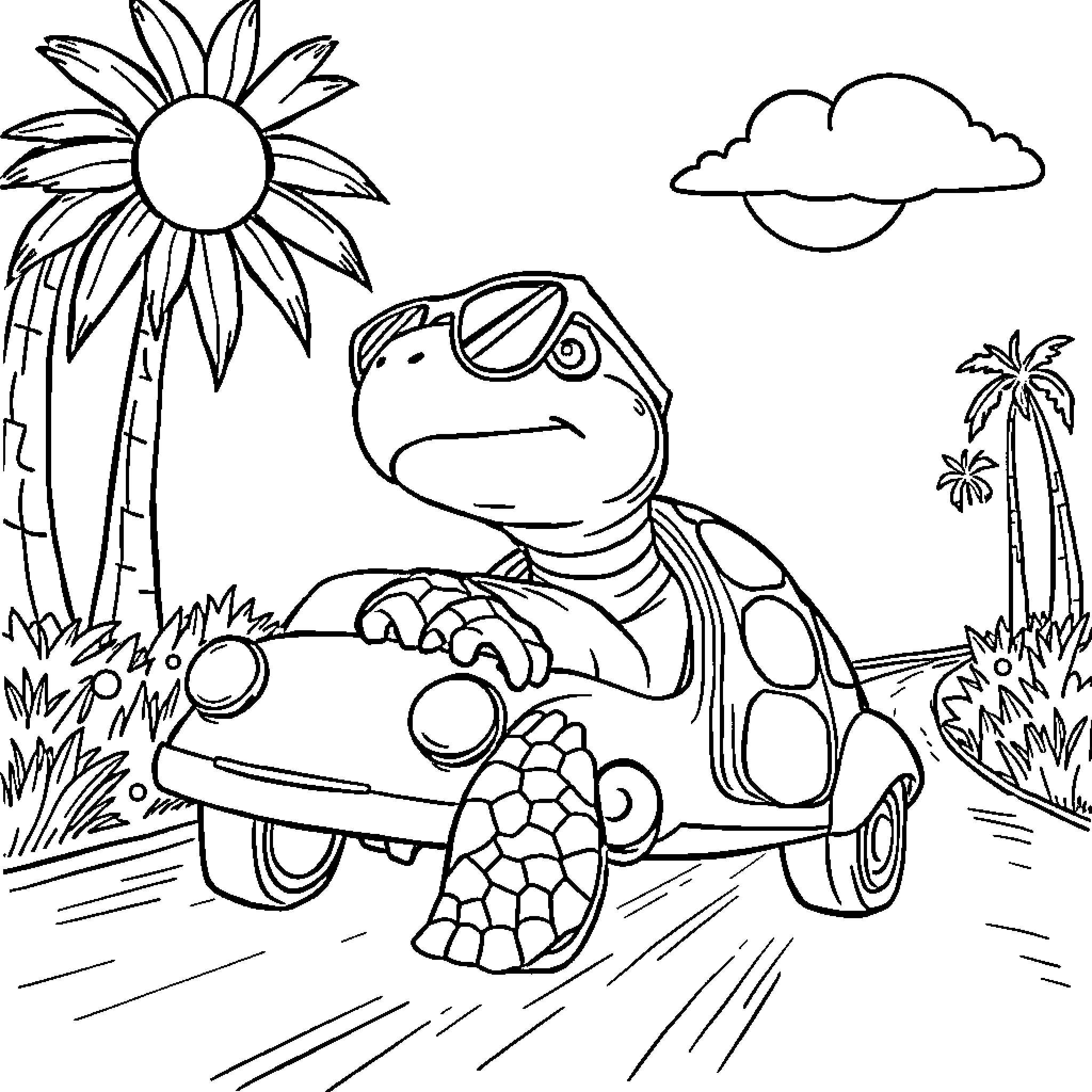 Turtle driving a car on a tropical road Coloring Page (free black-and-white line drawing printable PDF for all, from beginners to advanced learners, including children, teens, adults, and seniors)