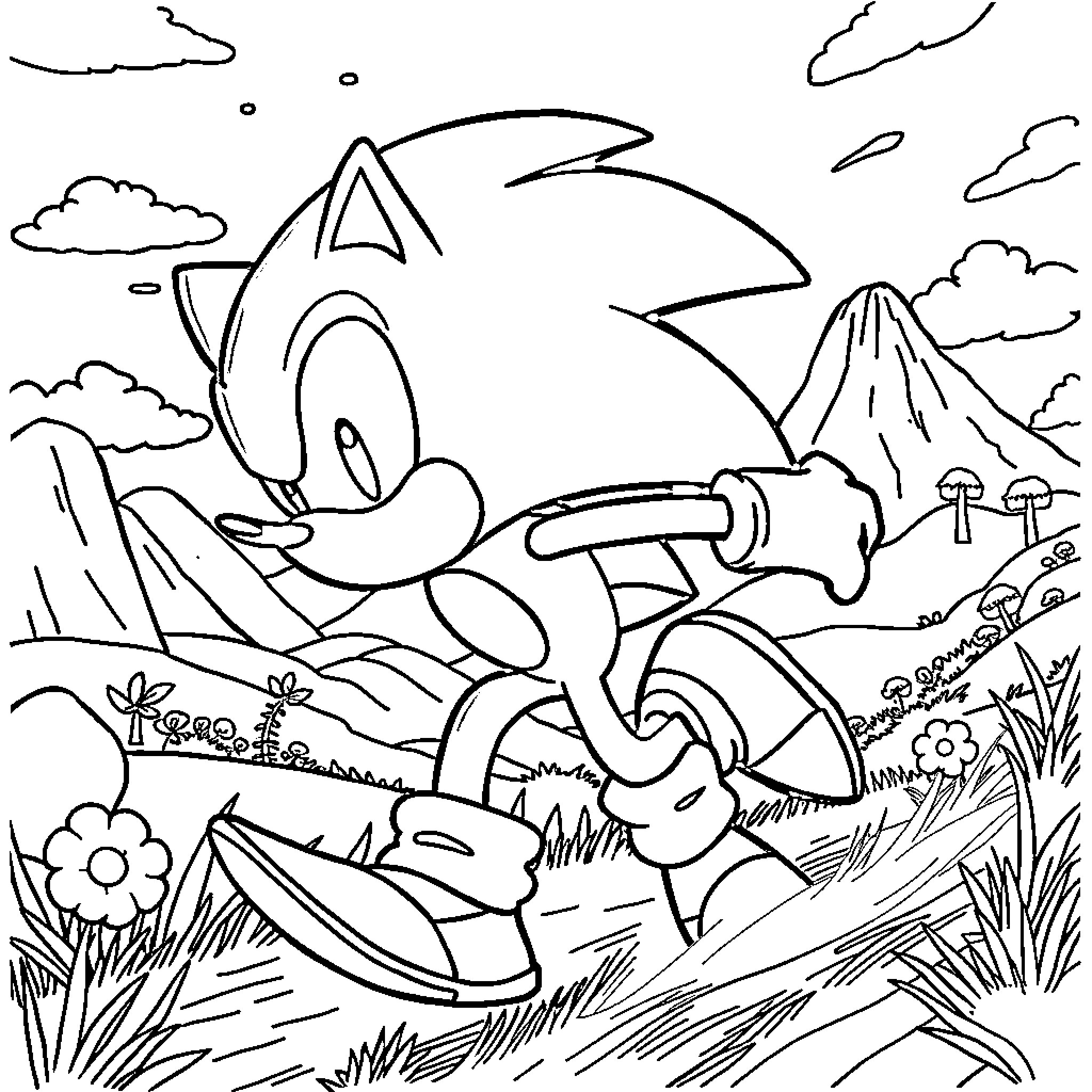 Sonic dashing through the nature landscape Coloring Page (free black-and-white line drawing printable PDF for all, from beginners to advanced learners, including children, teens, adults, and seniors)