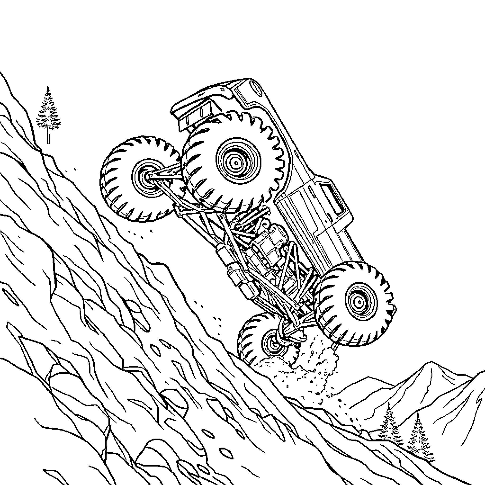 Monster Truck Tackling Challenging Terrain Coloring Page (free black-and-white line drawing printable PDF for all, from beginners to advanced learners, including children, teens, adults, and seniors)