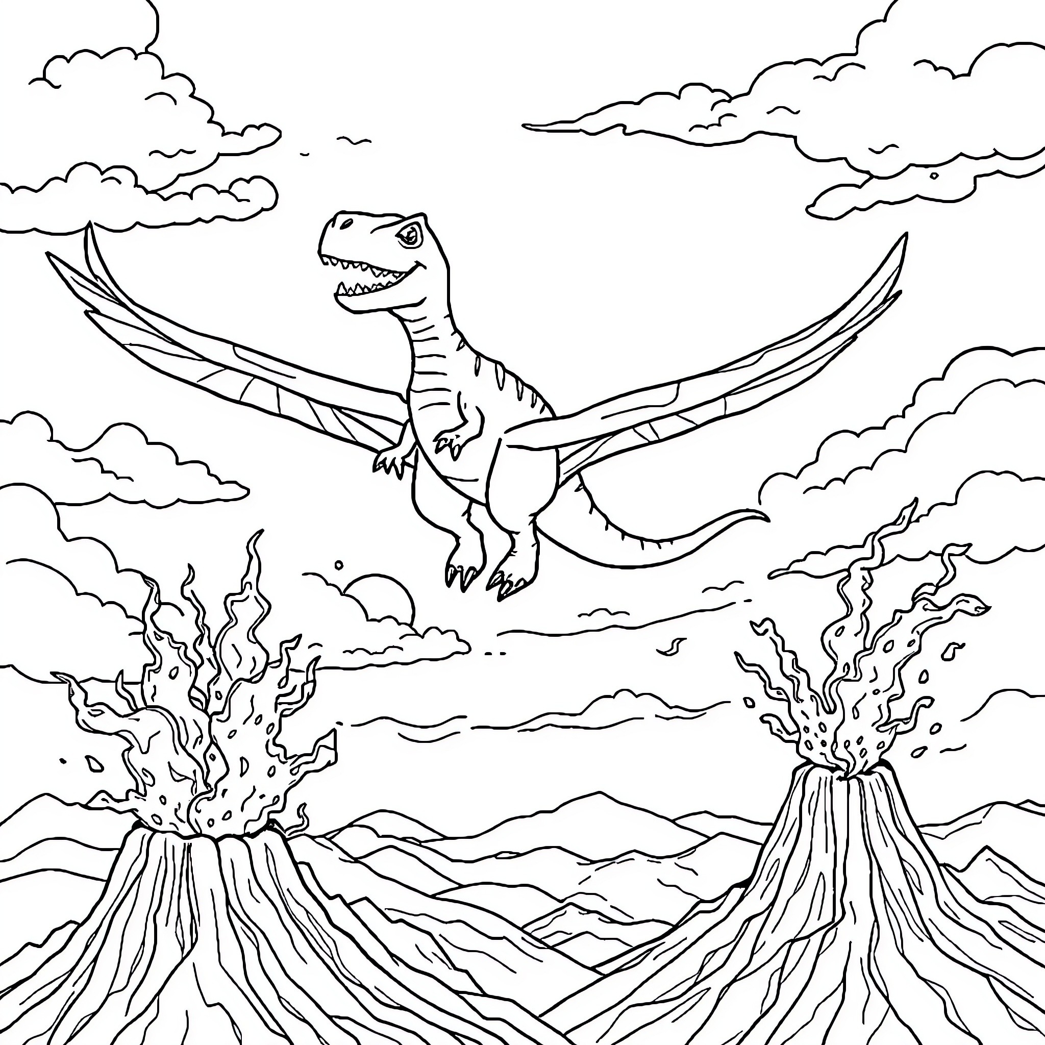 Dinosaur soaring above volcanic landscape Coloring Page (free black-and-white line drawing printable PDF for all, from beginners to advanced learners, including children, teens, adults, and seniors)
